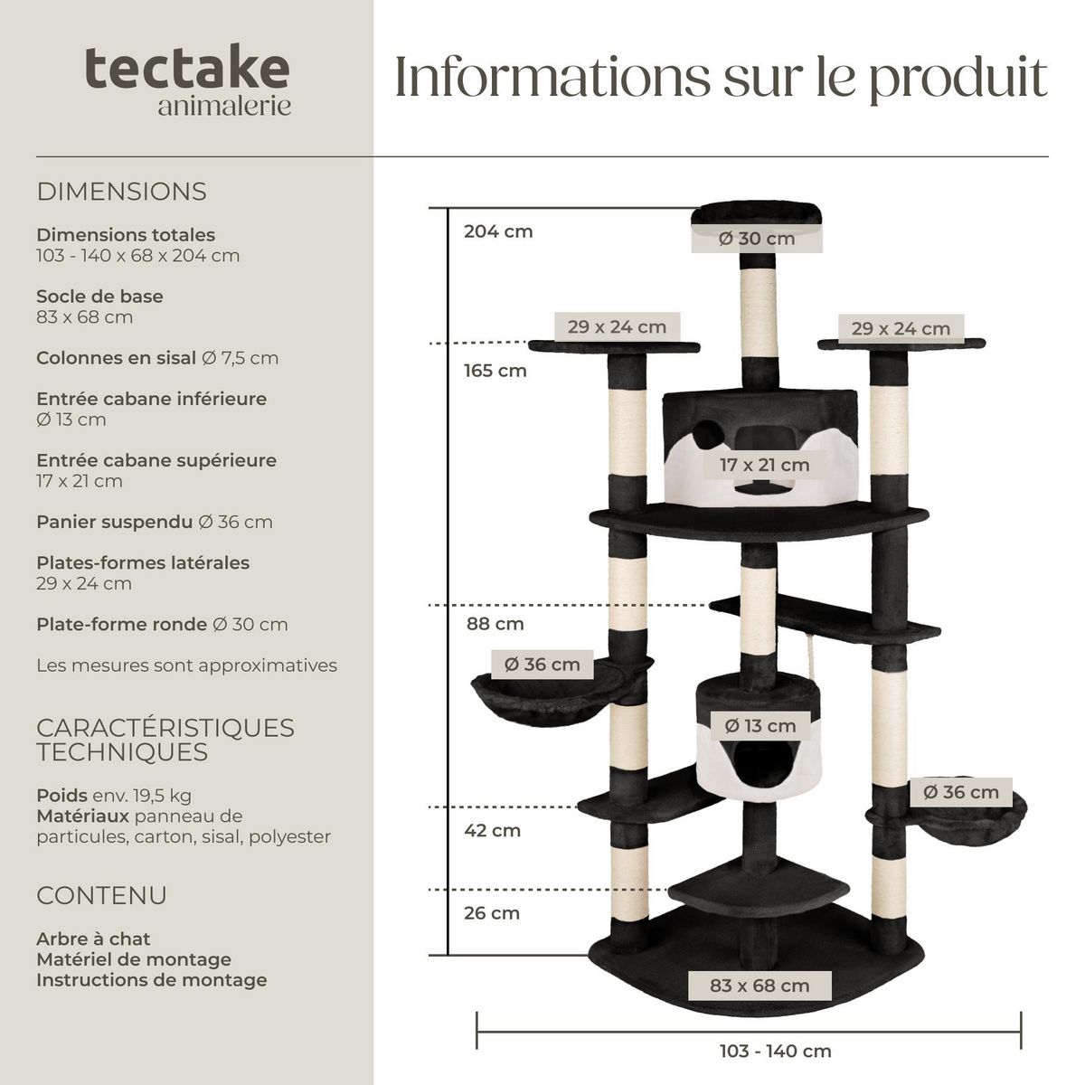 tectake Arbre à chat 204 cm avec griffoir et plateforme d'escalade noir/blanc