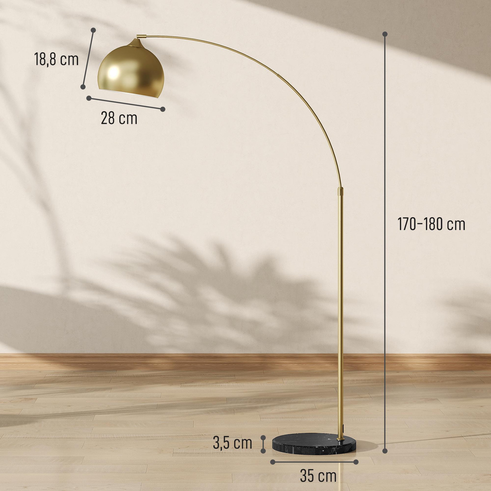 Voir la diapositive 3 : HOMCOM Lampadaire arc - lampadaire arceau courbé design - pied marbre noir mât abat-jour globe métal doré