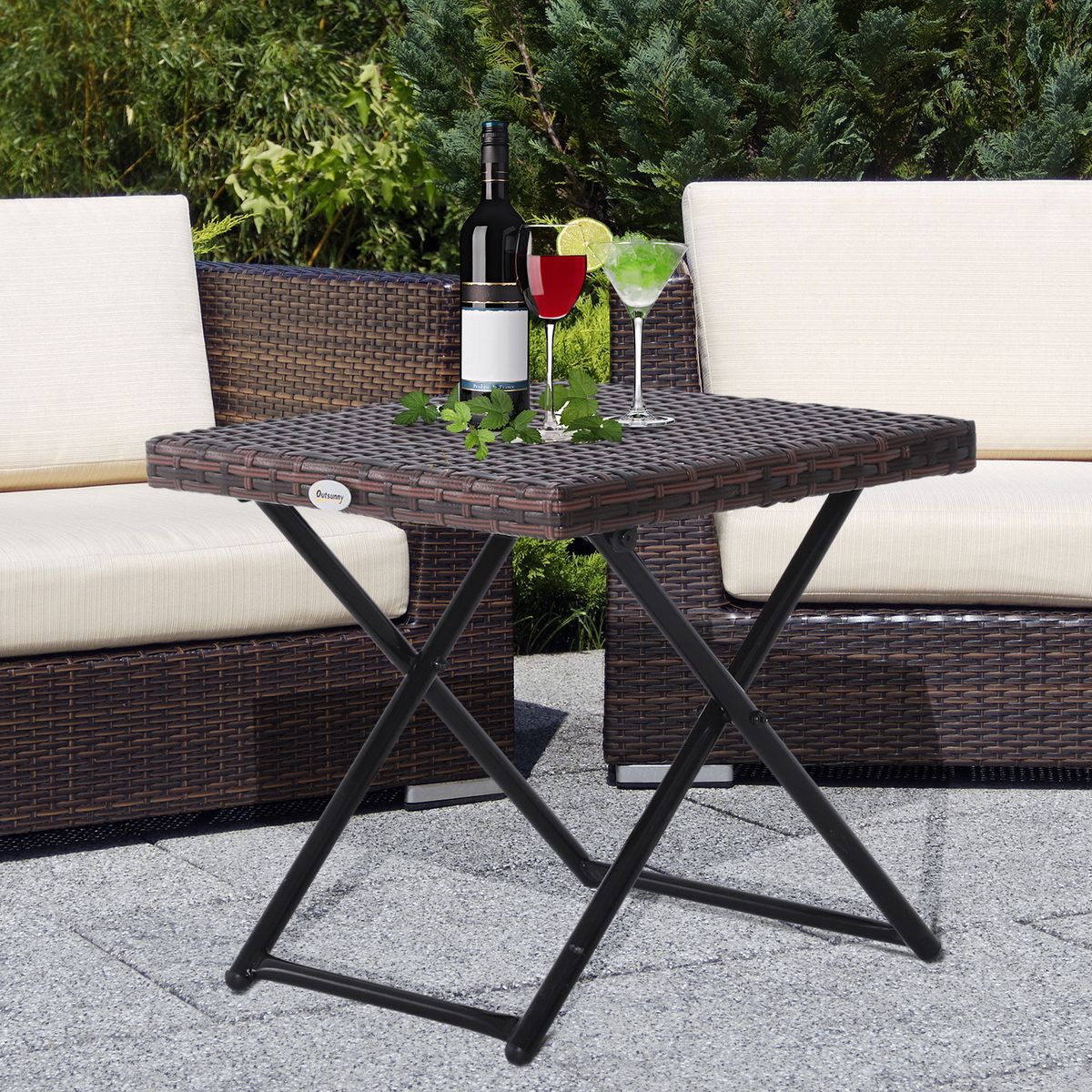 OUTSUNNY Table basse pliable de jardin style cosy chic dim. 40L x 40l x 40H cm métal époxy résine tressée imitation rotin marron