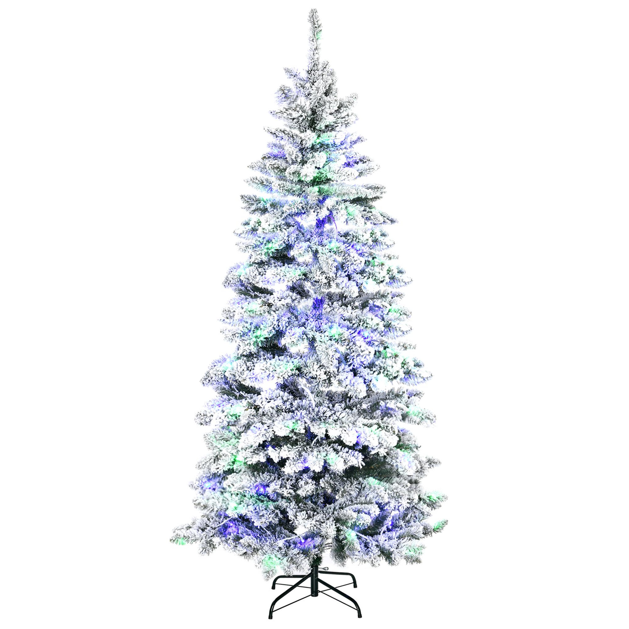 Voir la diapositive 1 : HOMCOM Sapin de Noël artificiel enneigé lumineux LED x 250 multicolore Ø 112 x 210H cm 829 branches vert blanc