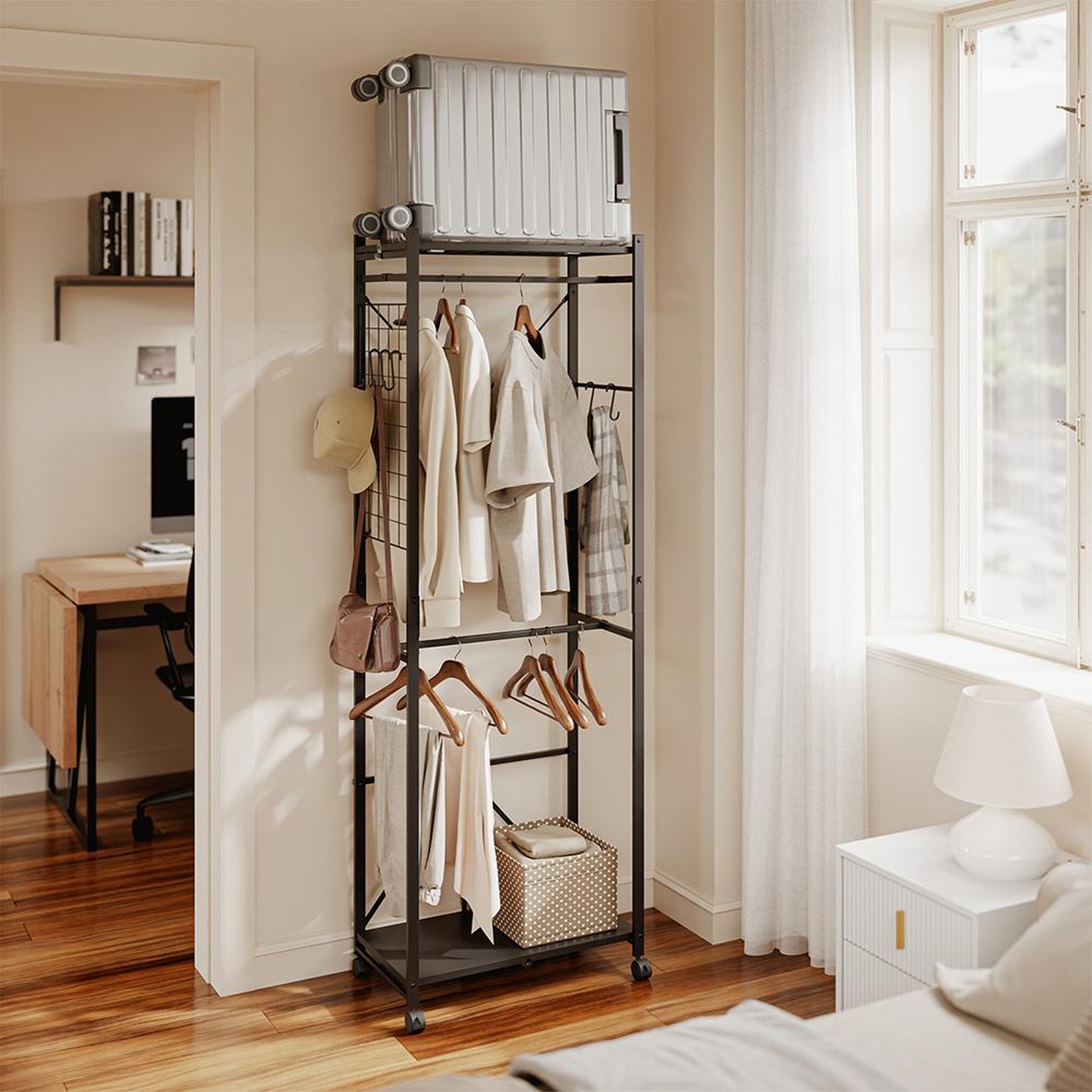 Voir la diapositive 4 : SOBUY Porte-manteaux sur roulettes avec étagère Noir 60x32x175cm KLS21-SCH