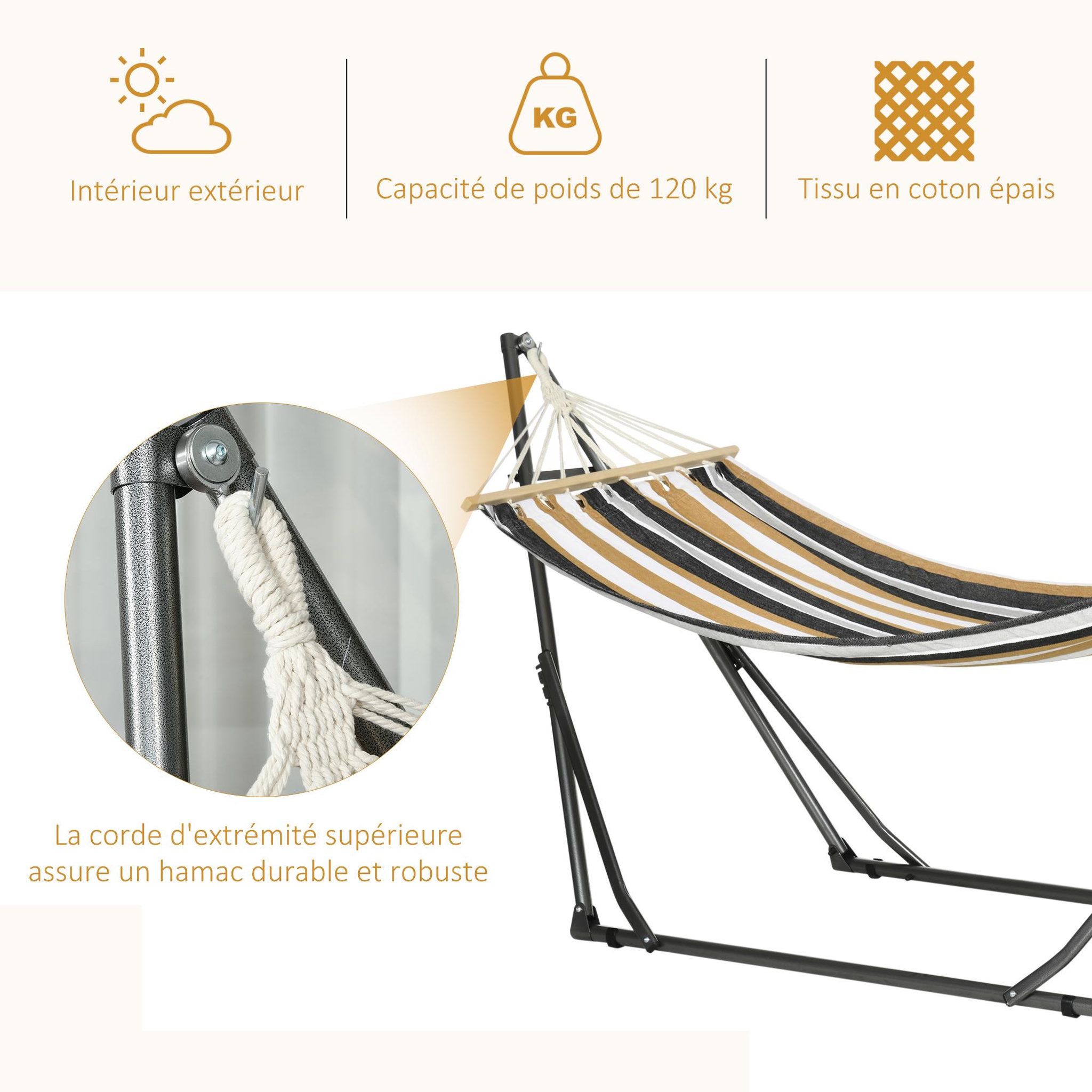 Voir la diapositive 6 : OUTSUNNY Hamac de jardin pliable avec support acier époxy et toile coton lin marron noir gris blanc