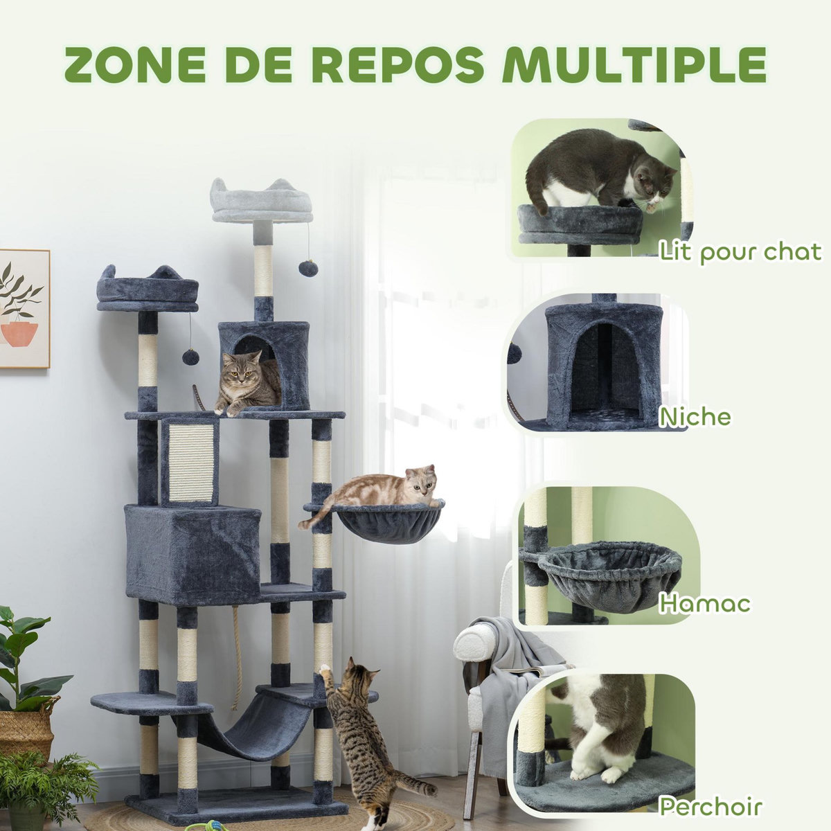 PAWHUT Arbre à chat grande taille H.206 cm équipement et accessoires multiples sisal naturel peluche gris