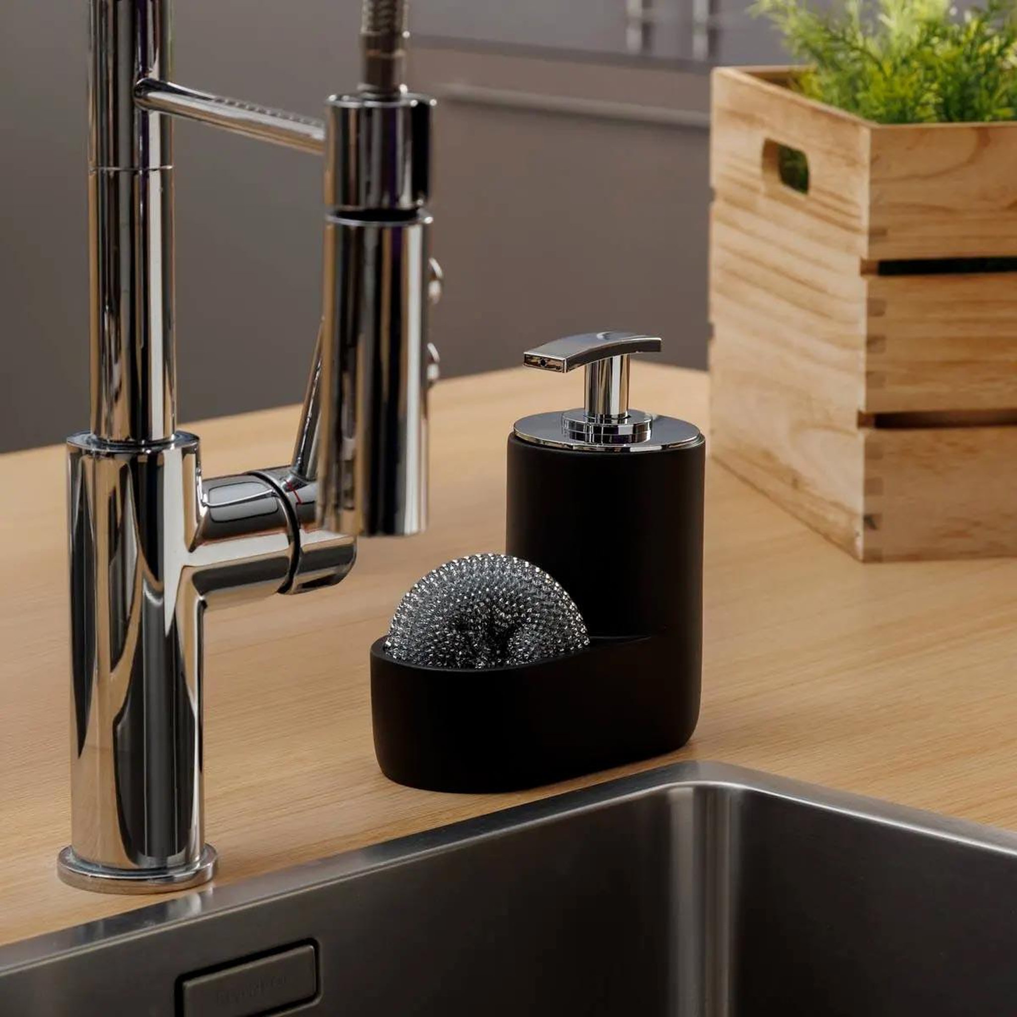 Voir la diapositive 2 : FIVE Distributeur de savon & porte éponge  washing  15cm noir