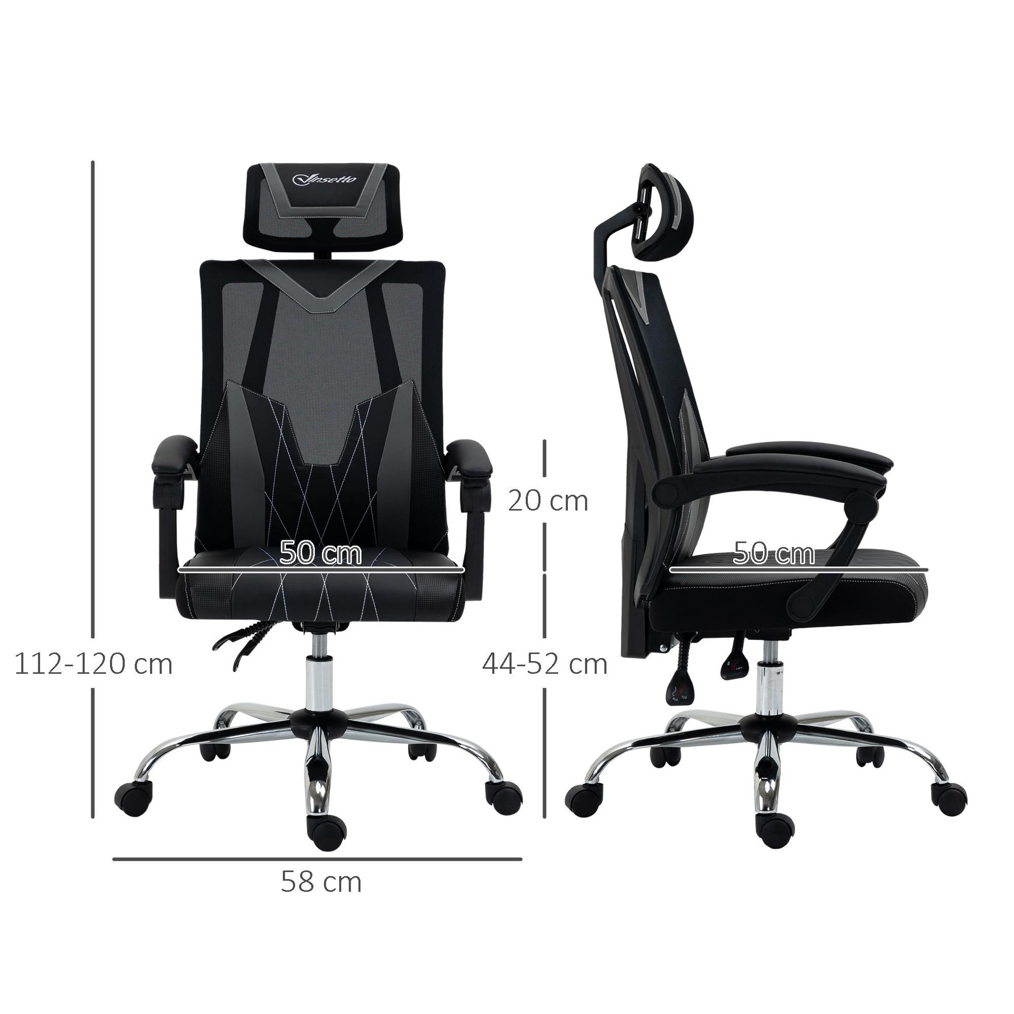 Voir la diapositive 3 : VINSETTO Fauteuil de bureau manager inclinable réglable support lombaires tétière tissu maille polyester PU gris noir