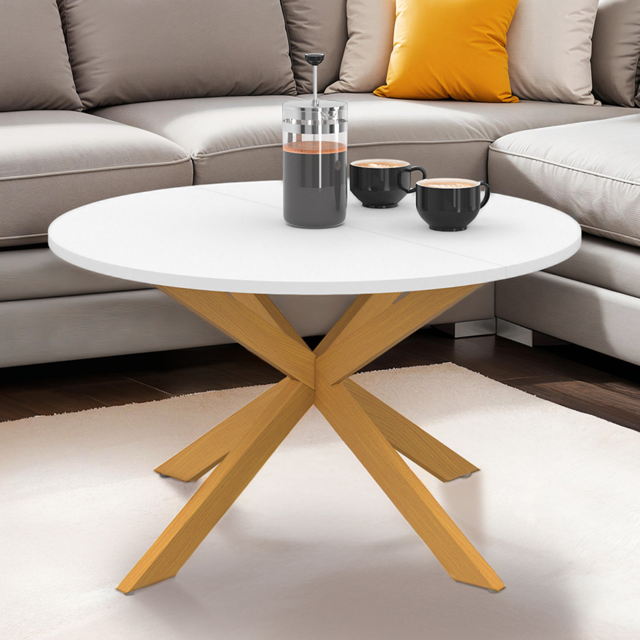 Voir la diapositive 2 : ID MARKET Table basse gisele ronde 70 cm pied araignée plateau blanc et pied effet bois