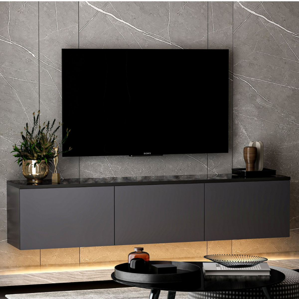 CONCEPT USINE Meuble TV contemporain anthracite avec rangement 160 cm NAEL
