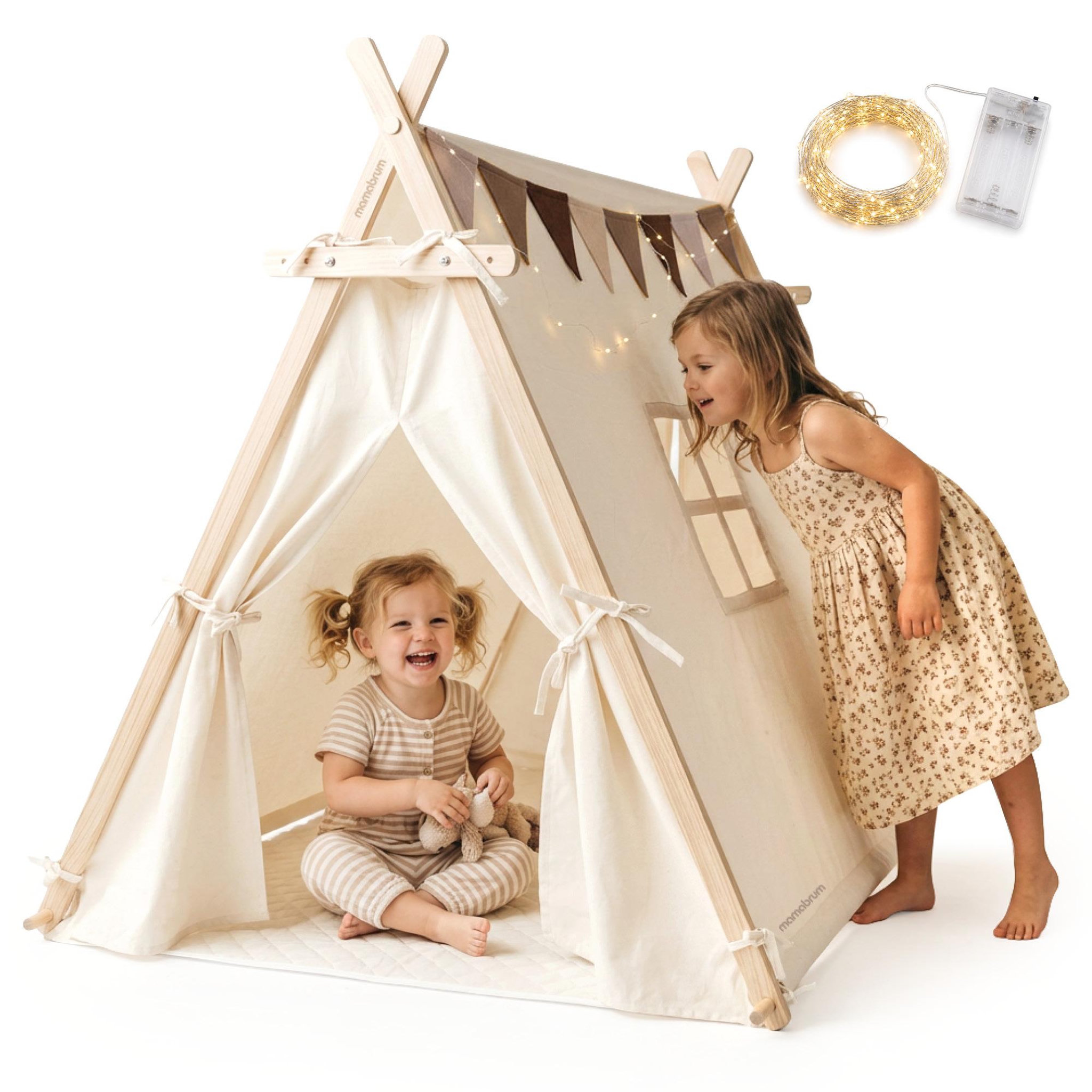 MAMABRUM Tente Tipi Enfant avec Guilande Lumineuse et Tapis de Jeu - Structure Bois 110x90x120cm LED Mamabrum