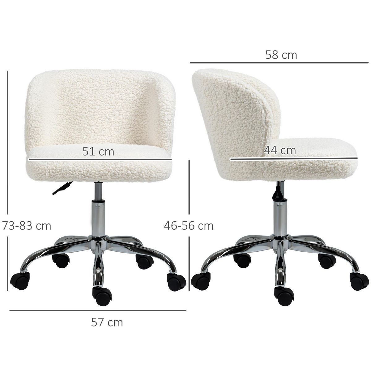 HOMCOM Chaise de bureau design - hauteur réglable, pivotante - piètement acier chromé revêtement effet laine bouclée blanc