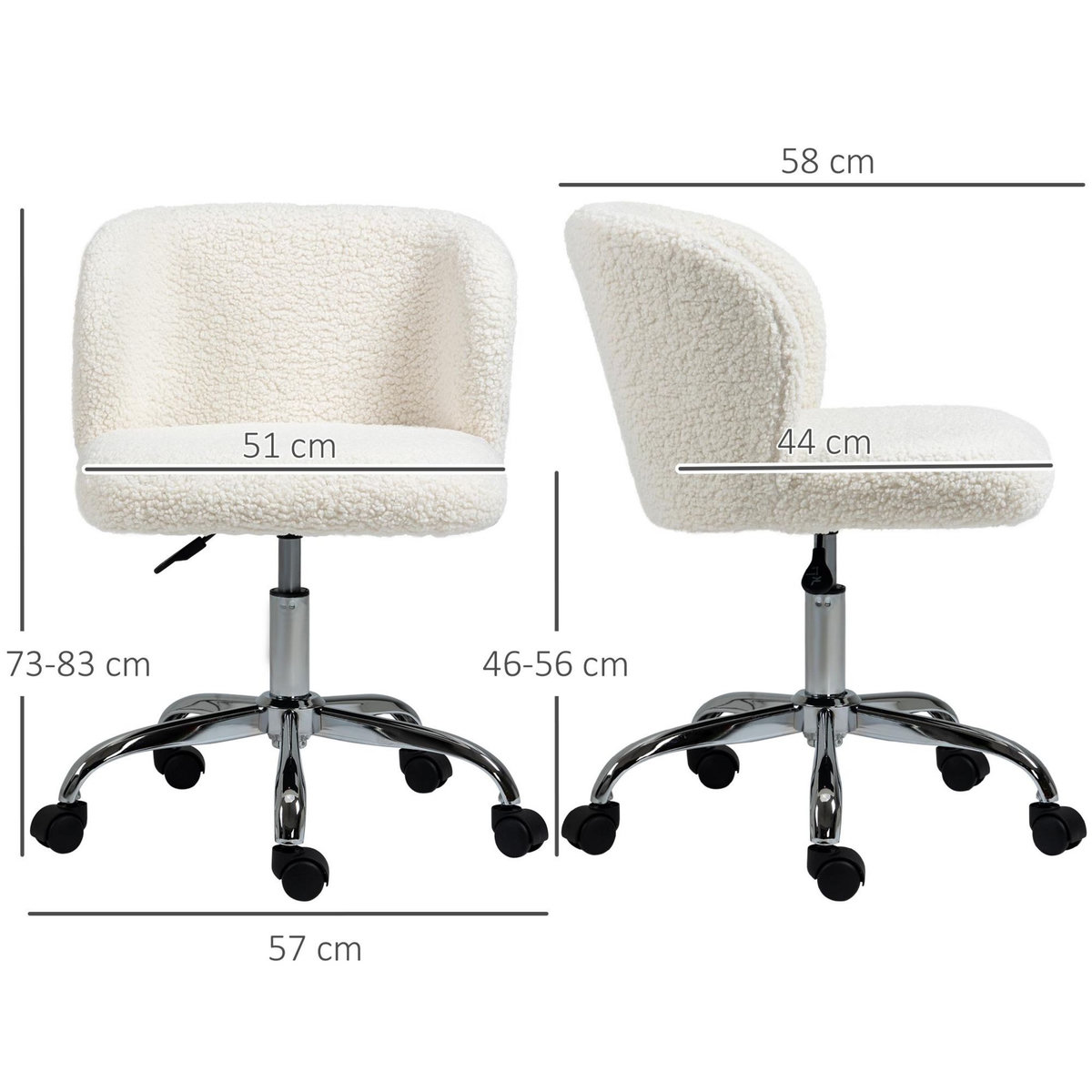 HOMCOM Chaise de bureau design - hauteur réglable, pivotante - piètement acier chromé revêtement effet laine bouclée blanc