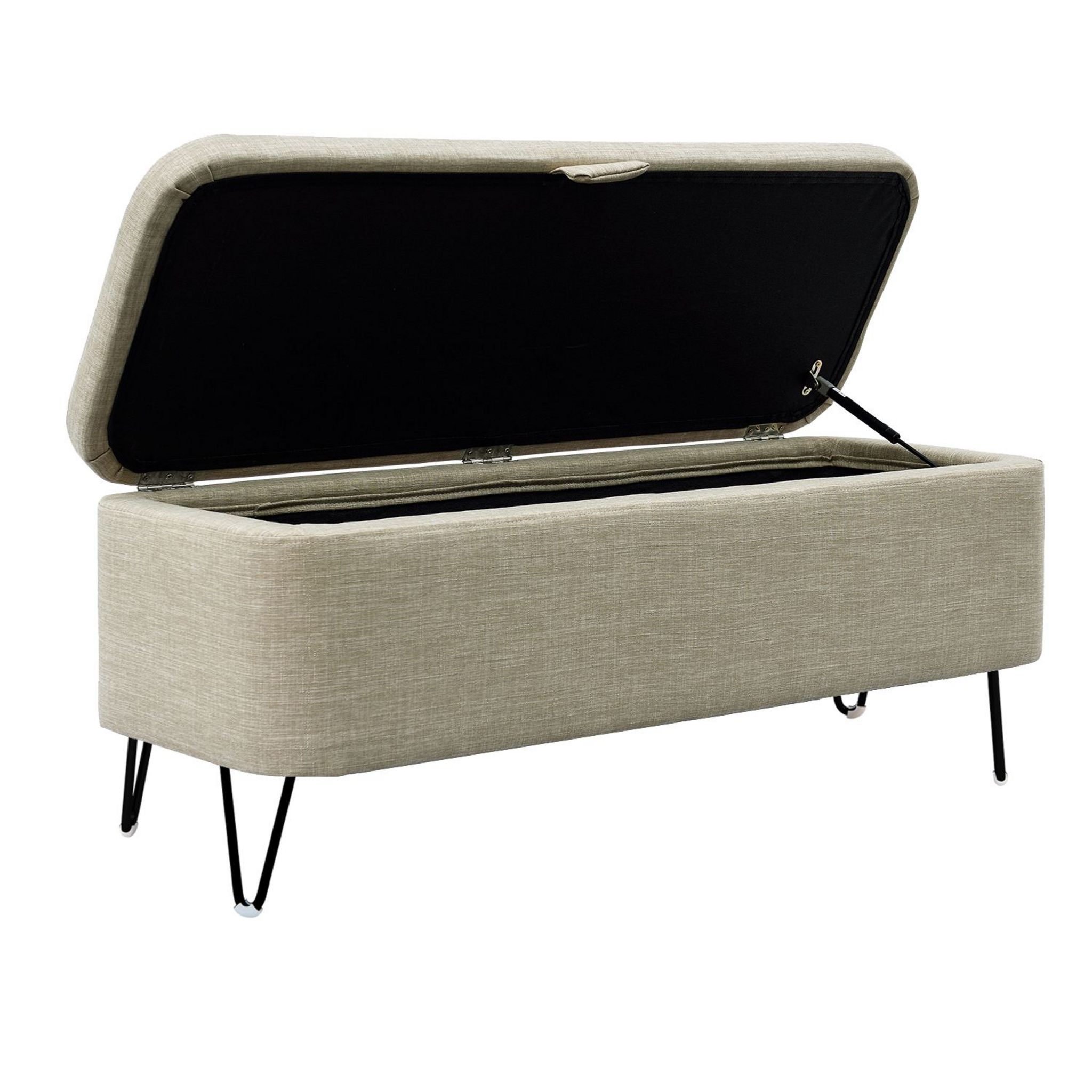 Bout de lit coffre en tissu et pieds épingles noirs SILVES. Coloris disponibles : Gris, Beige