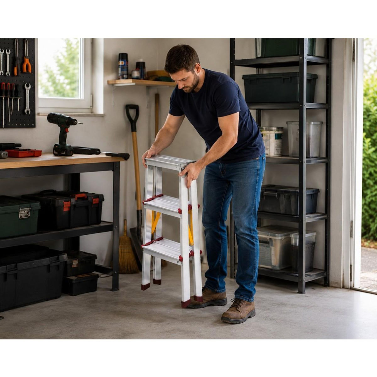 VITO Escabeau Double 3 Marches Aluminium Pliable 65 cm – Marchepied Stable Antidérapant Charge 150 kg pour Bricolage et Travaux VITO