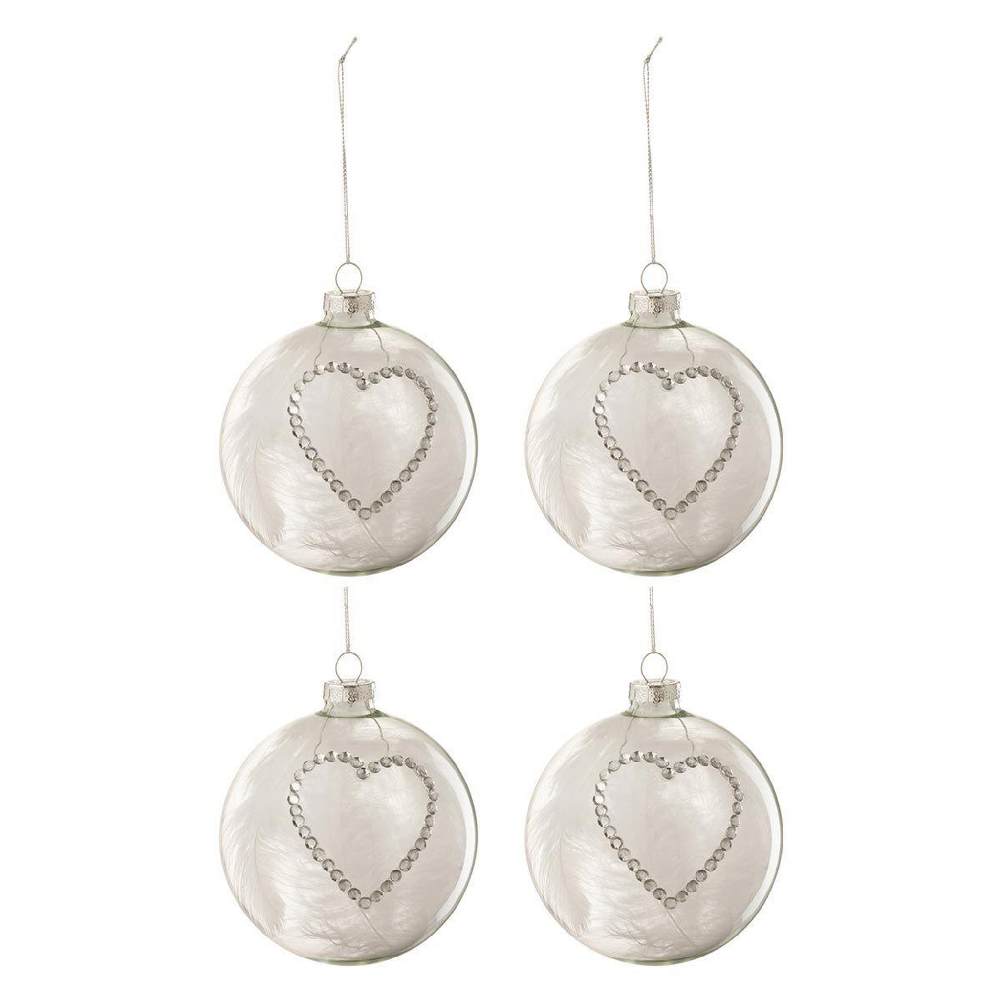 J-LINE Lot de 4 boules de noël  cœur strass  10cm blanc