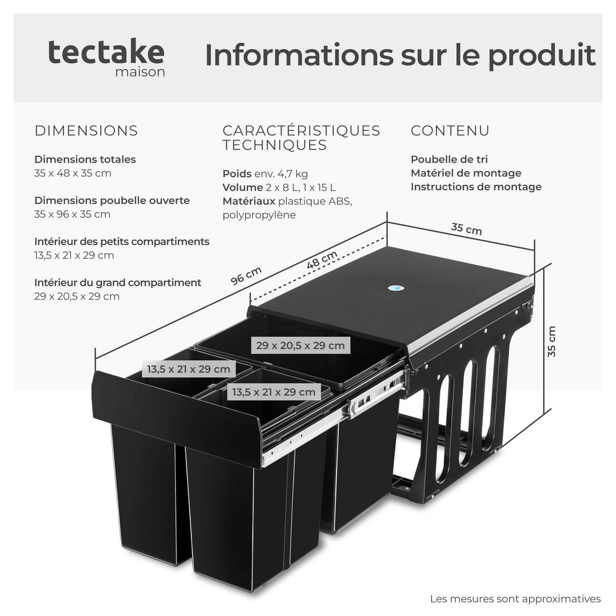 tectake Poubelle de tri 3 compartiments 2x8 L et 1x15 L noir