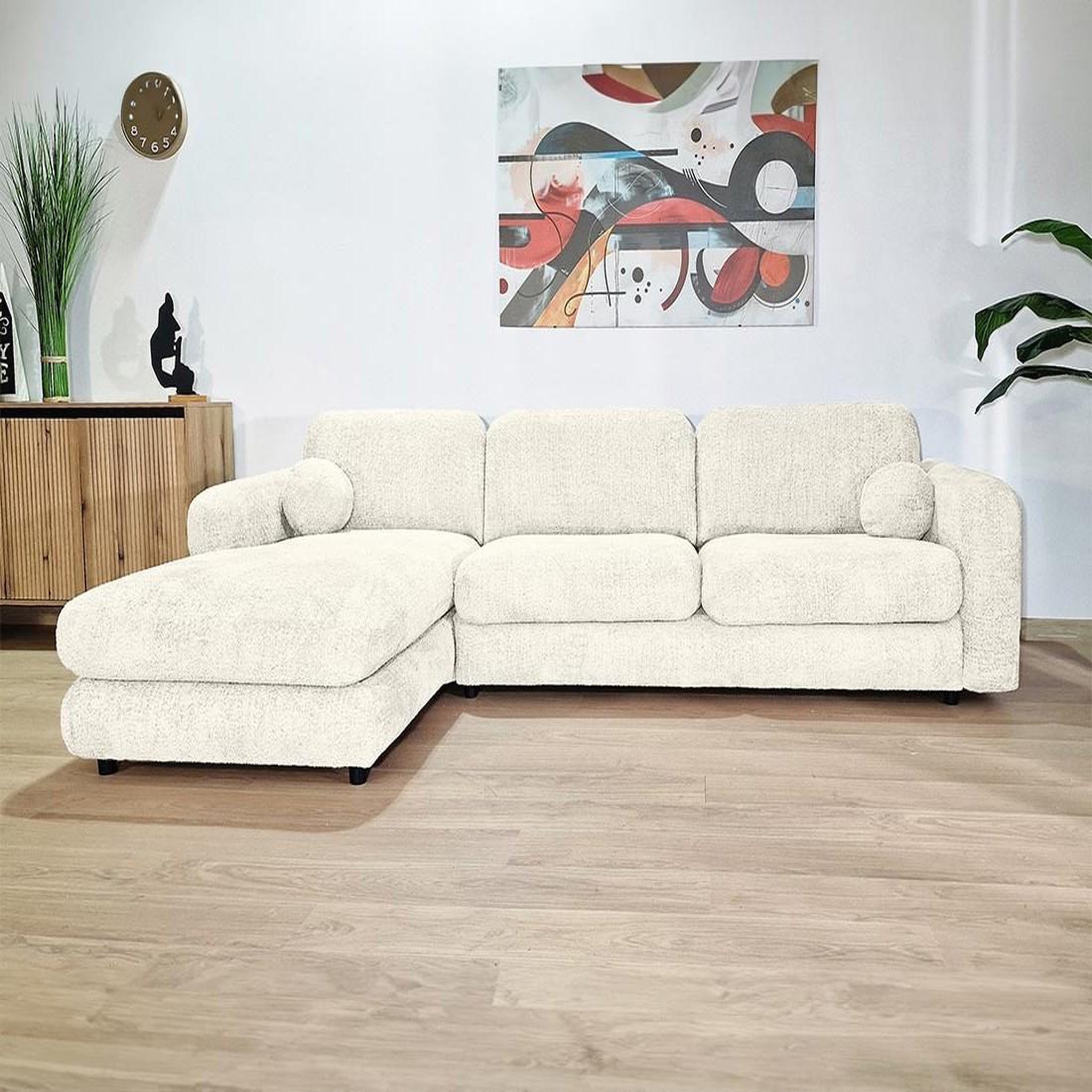 LISA DESIGN Rachel - canapé d'angle gauche 4 places en tissu bouclette. Coloris disponibles : Beige