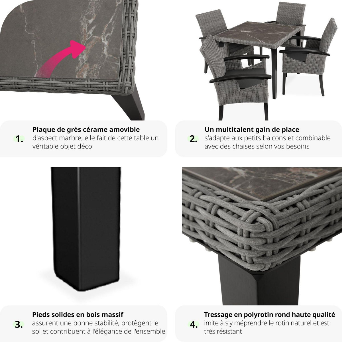 tectake Table en rotin avec cadre en aluminium et bois gris