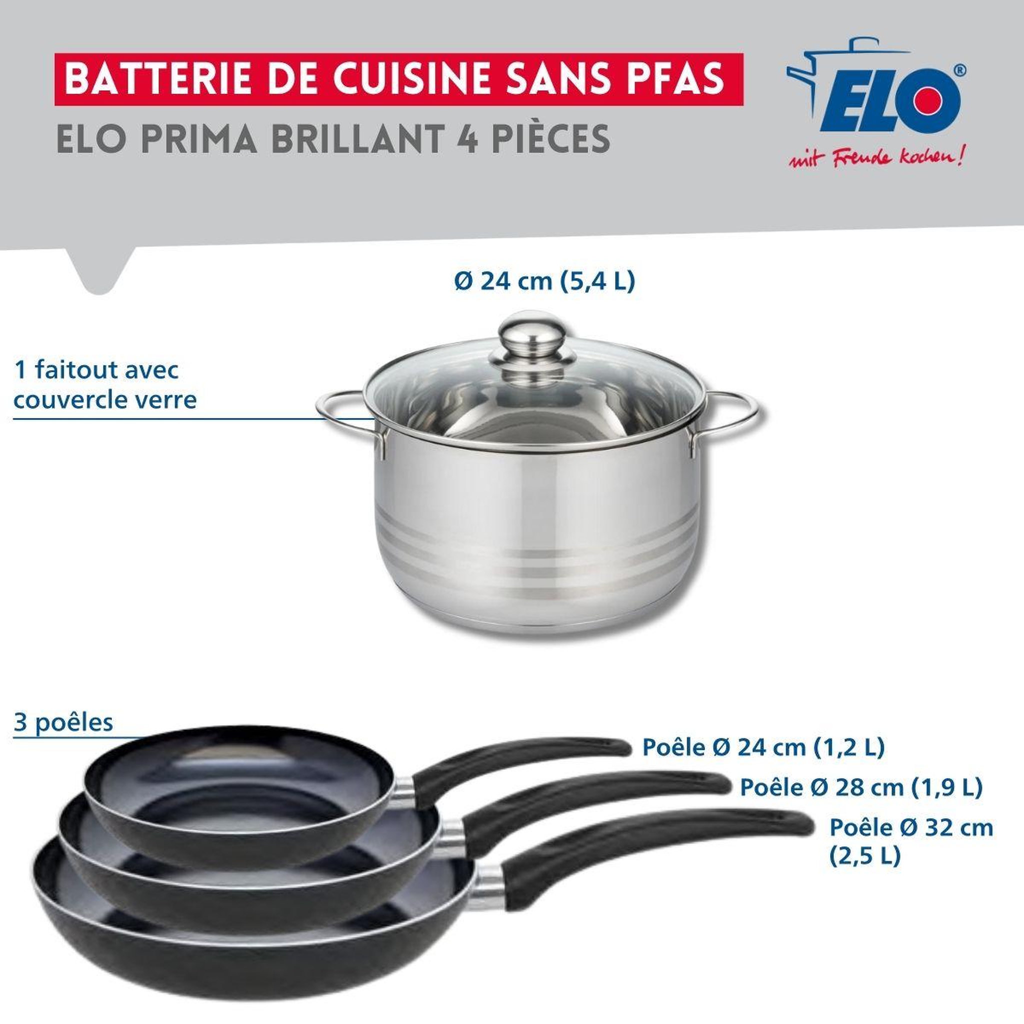 Voir la diapositive 2 : ELO Ensemble de 3 poêles de cuisson 24, 28 et 32 cm et 1 faitout 24 cm elo prima brillant