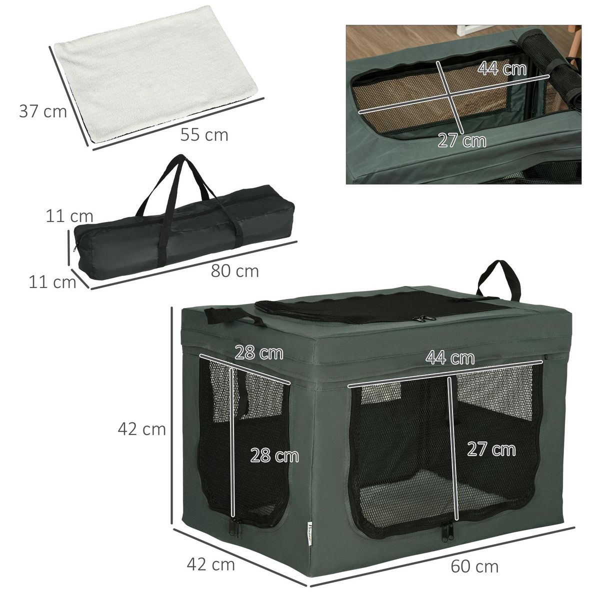 PAWHUT Sac de transport pliable pour chien chat - 2 poignées, 3 portes - dim. 60L x 42l x 42H cm - acier polyester gris