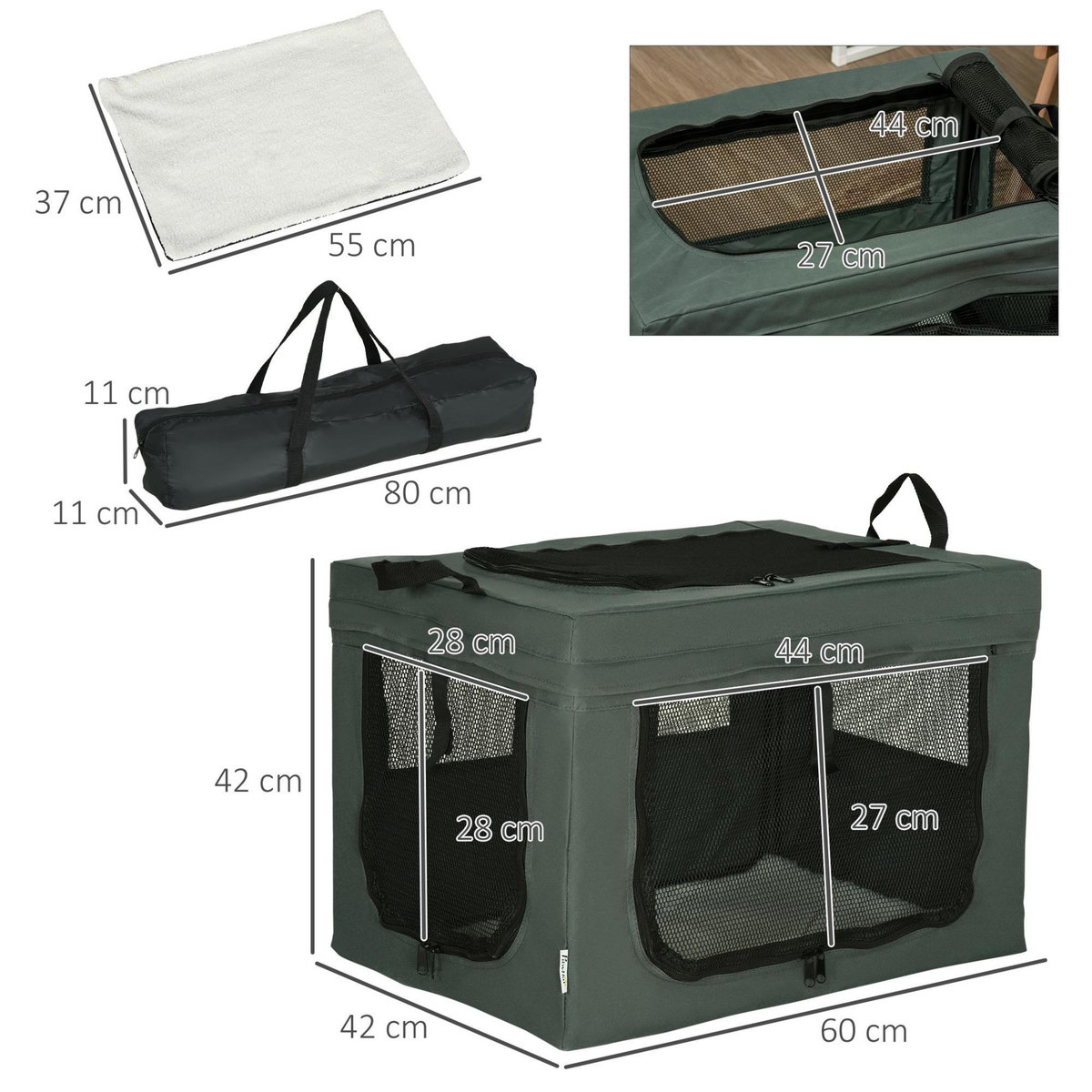 PAWHUT Sac de transport pliable pour chien chat - 2 poignées, 3 portes - dim. 60L x 42l x 42H cm - acier polyester gris