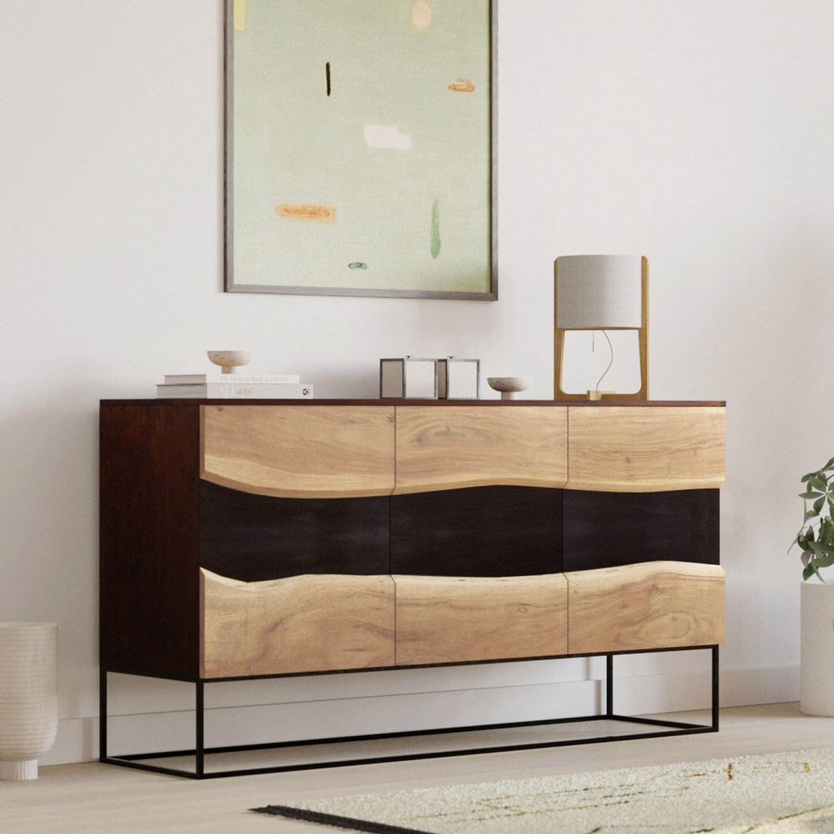 Rendez vous déco Buffet 3 portes en bois d'acacia et métal noir-Alabama