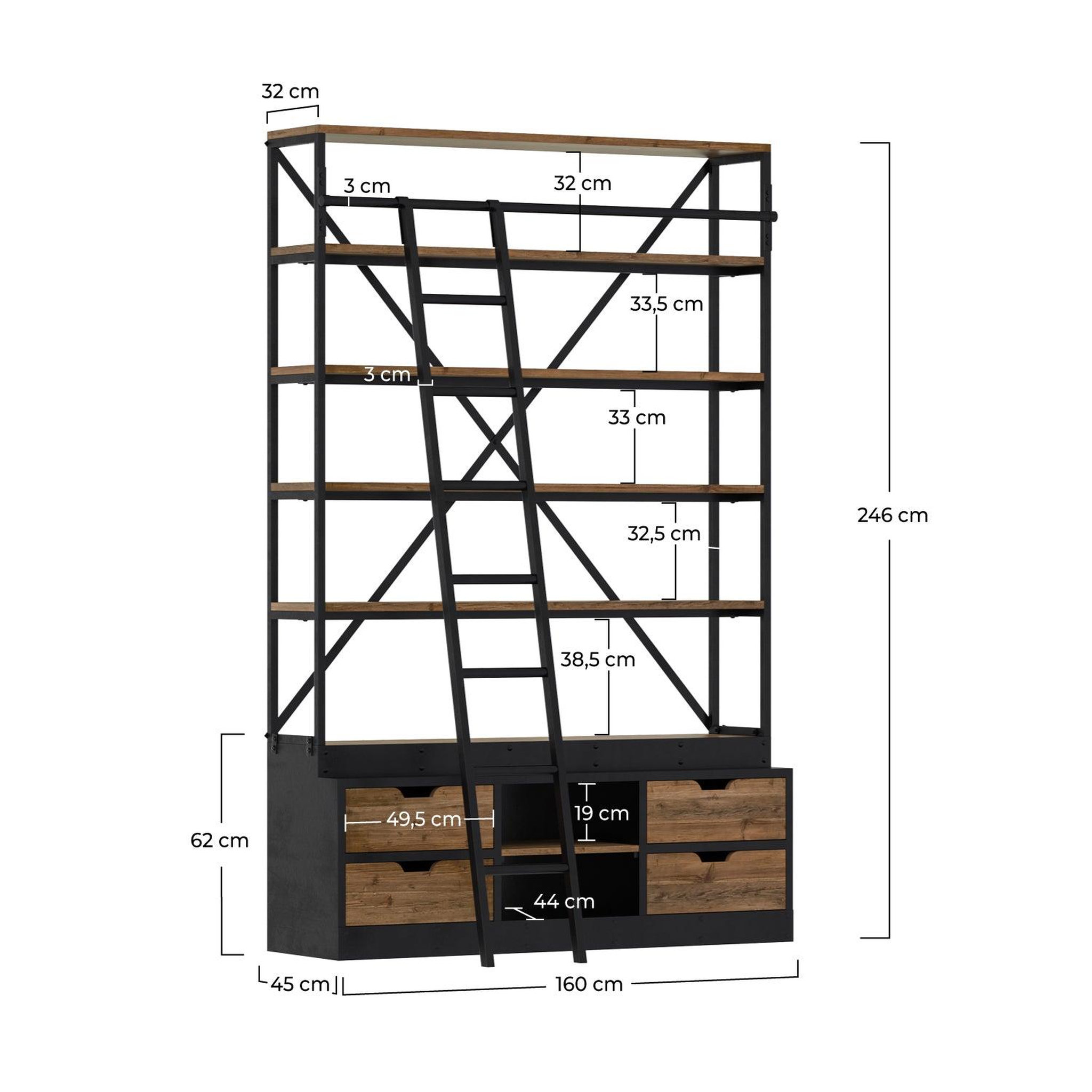 Voir la diapositive 4 : MAISON PAVANE Bibliothèque 160 cm en bois et métal avec échelle, 4 tiroirs-kasi