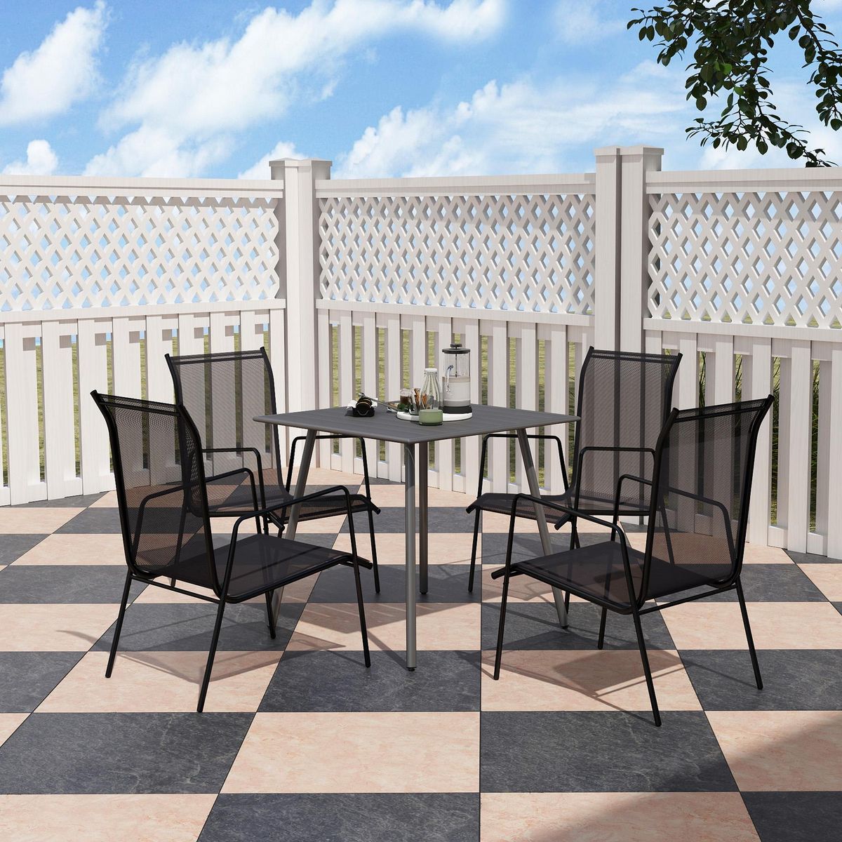 OUTSUNNY Table à manger de jardin 4 personnes dim. 80 x 80 x 74 cm plateau à lattes acier époxy gris