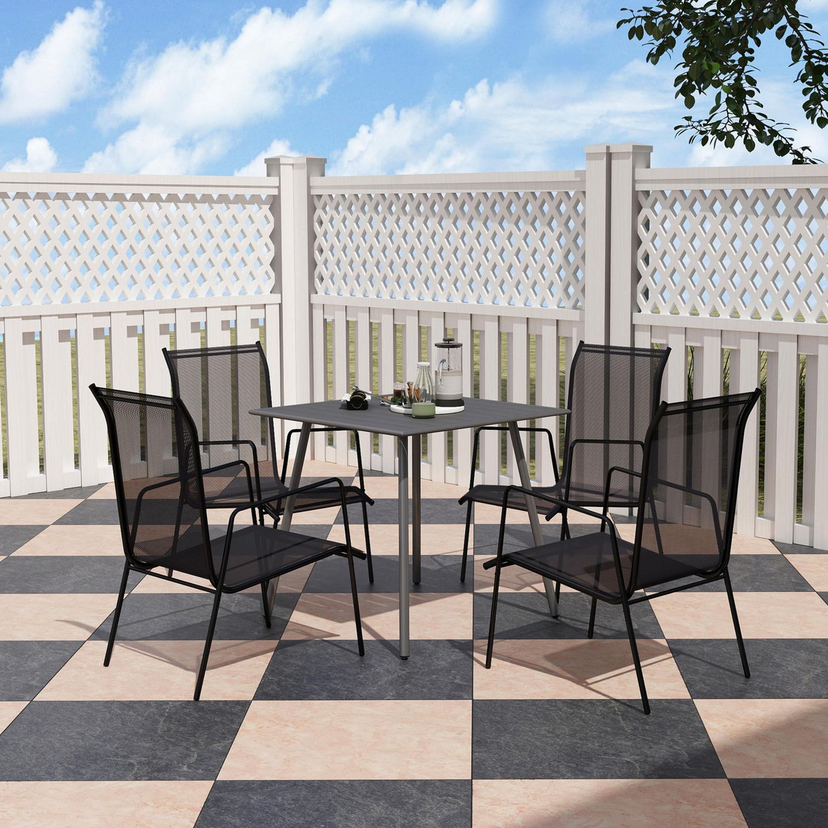 OUTSUNNY Table à manger de jardin 4 personnes dim. 80 x 80 x 74 cm plateau à lattes acier époxy gris