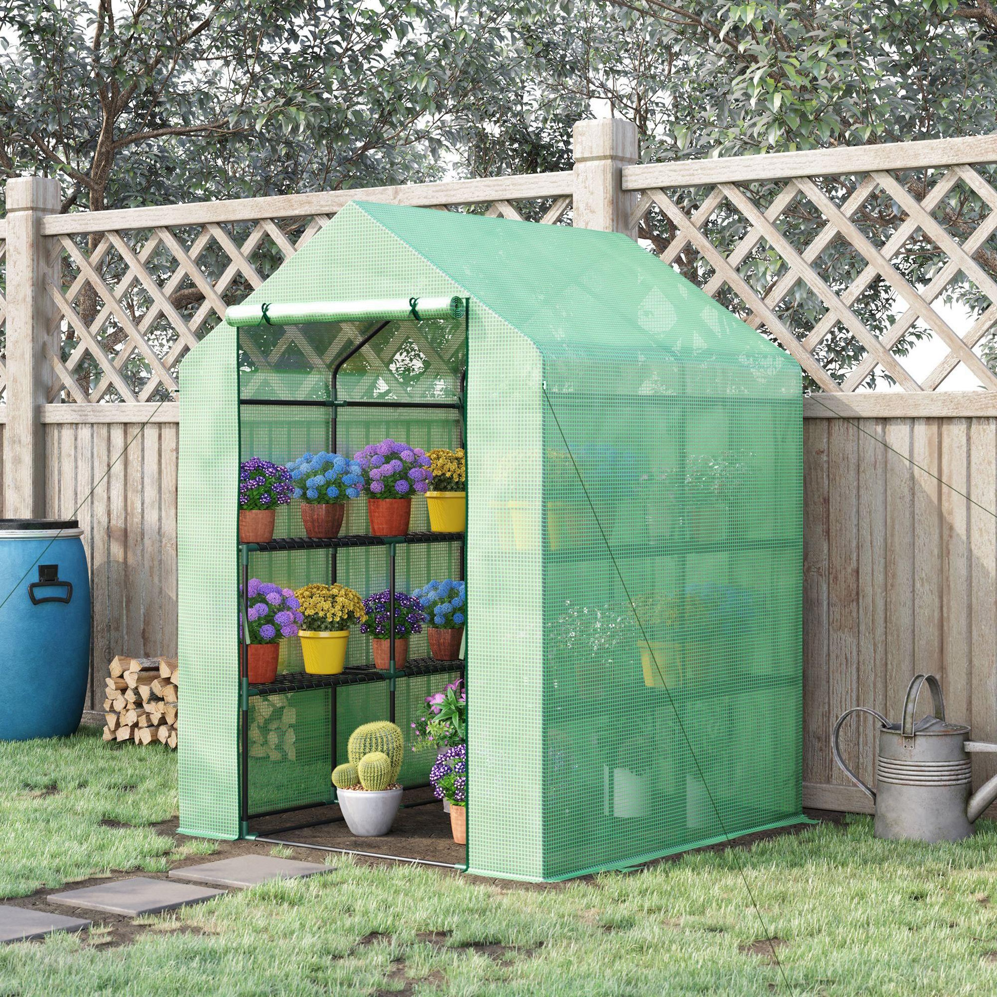 Voir la diapositive 6 : OUTSUNNY Serre de jardin étagères 3 niveaux bâche pe 140 g/? Vert