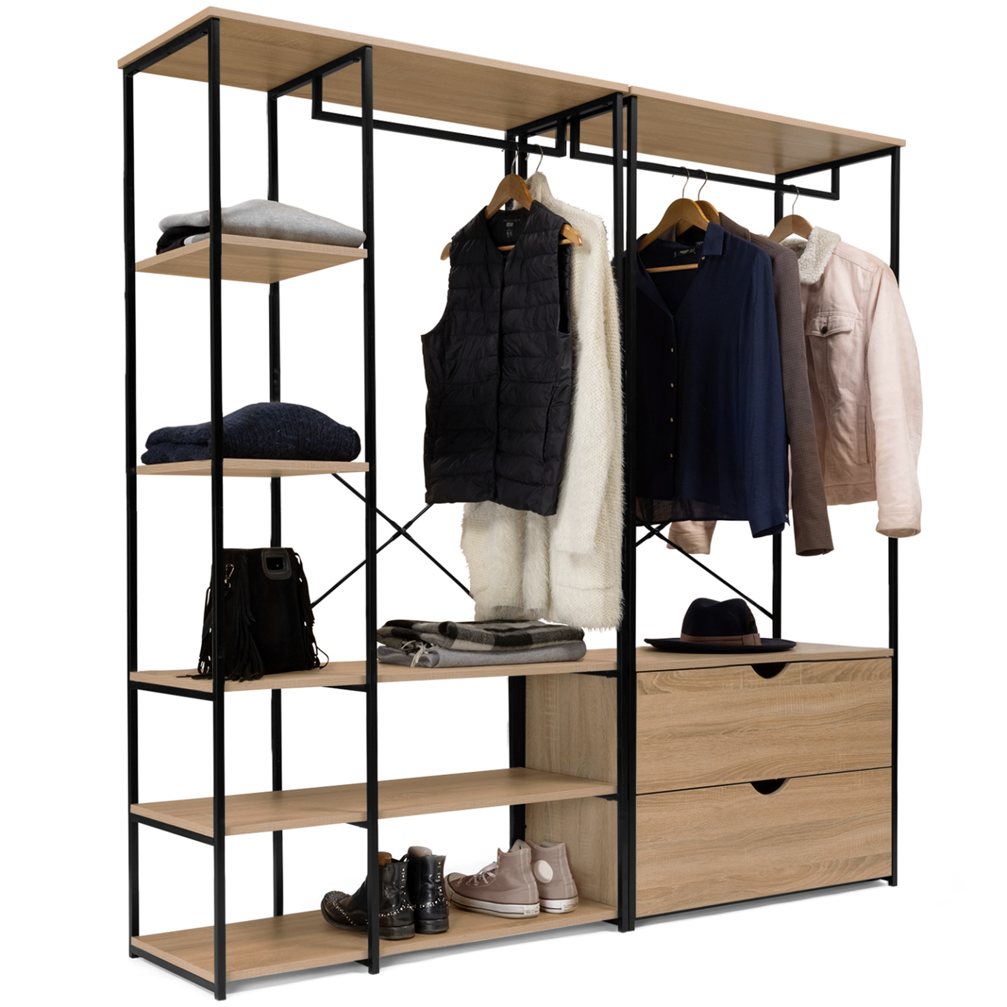 Voir la diapositive 1 : ID MARKET Dressing modulable double penderie étagères et 2 tiroirs DETROIT design industriel