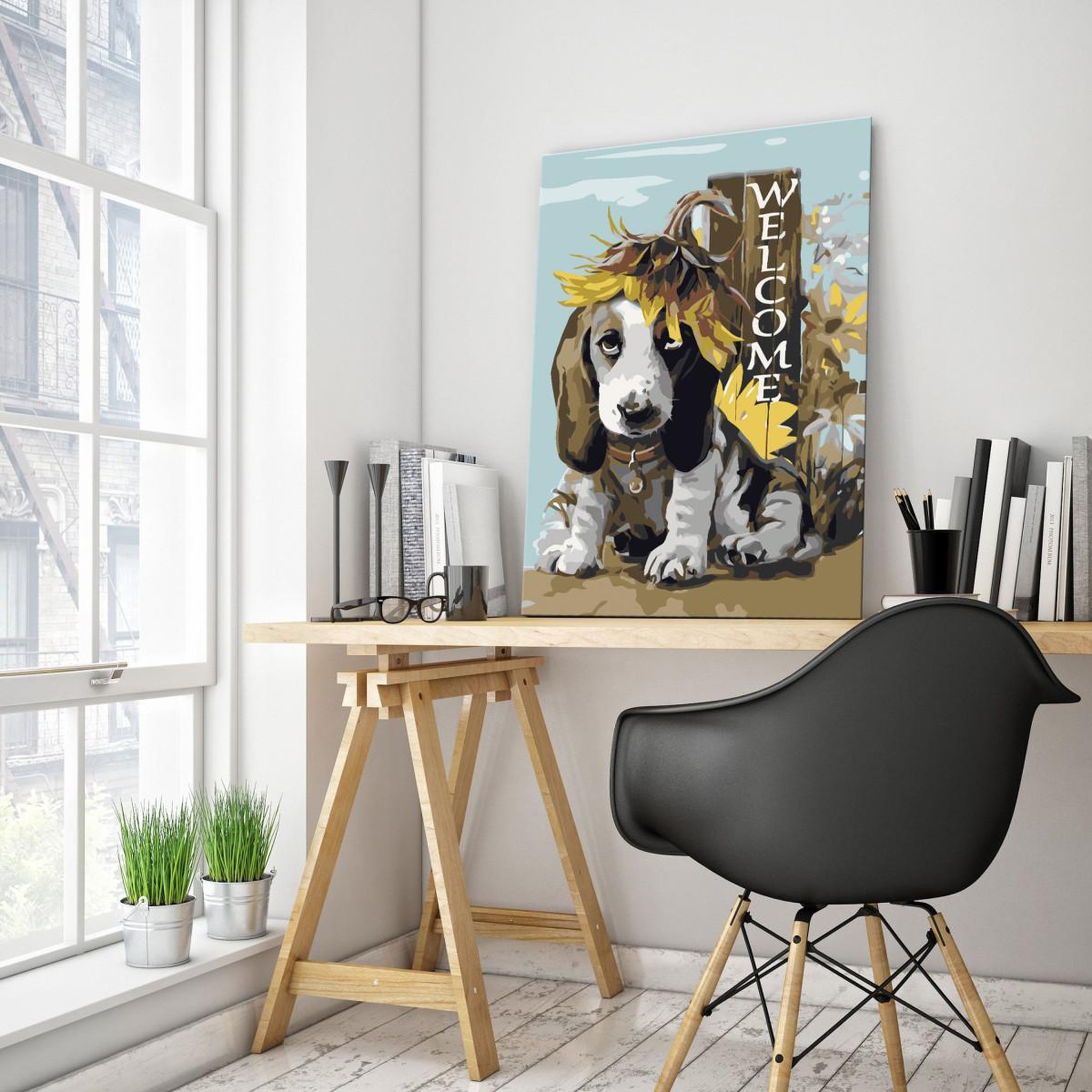 Voir la diapositive 2 : Paris Prix Tableau à peindre soi-même  dog & sunflowers  40x60cm