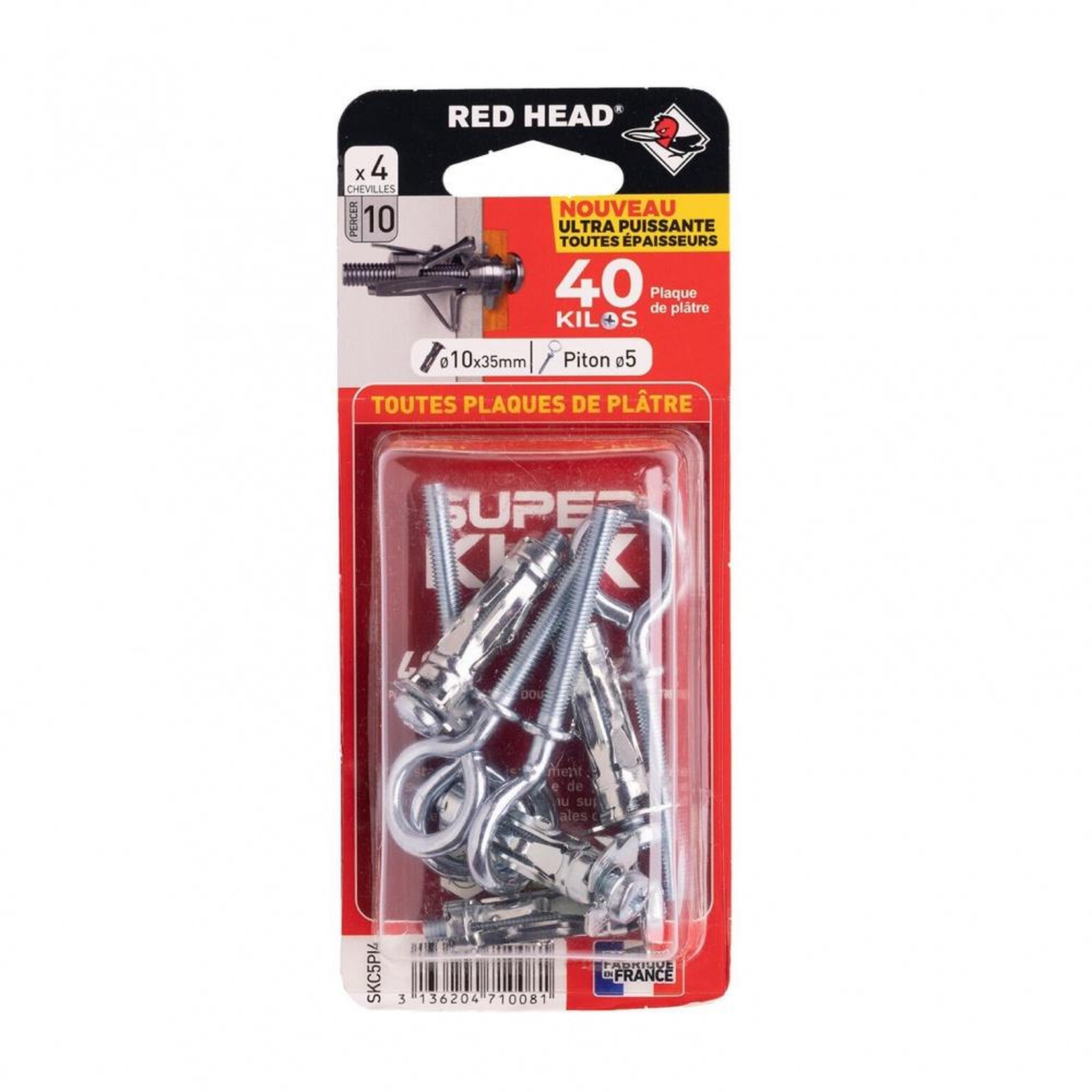 RED HEAD Lot de 4 chevilles Diam.10 x L.35 mm et piton RED HEAD, Diam.5mm
