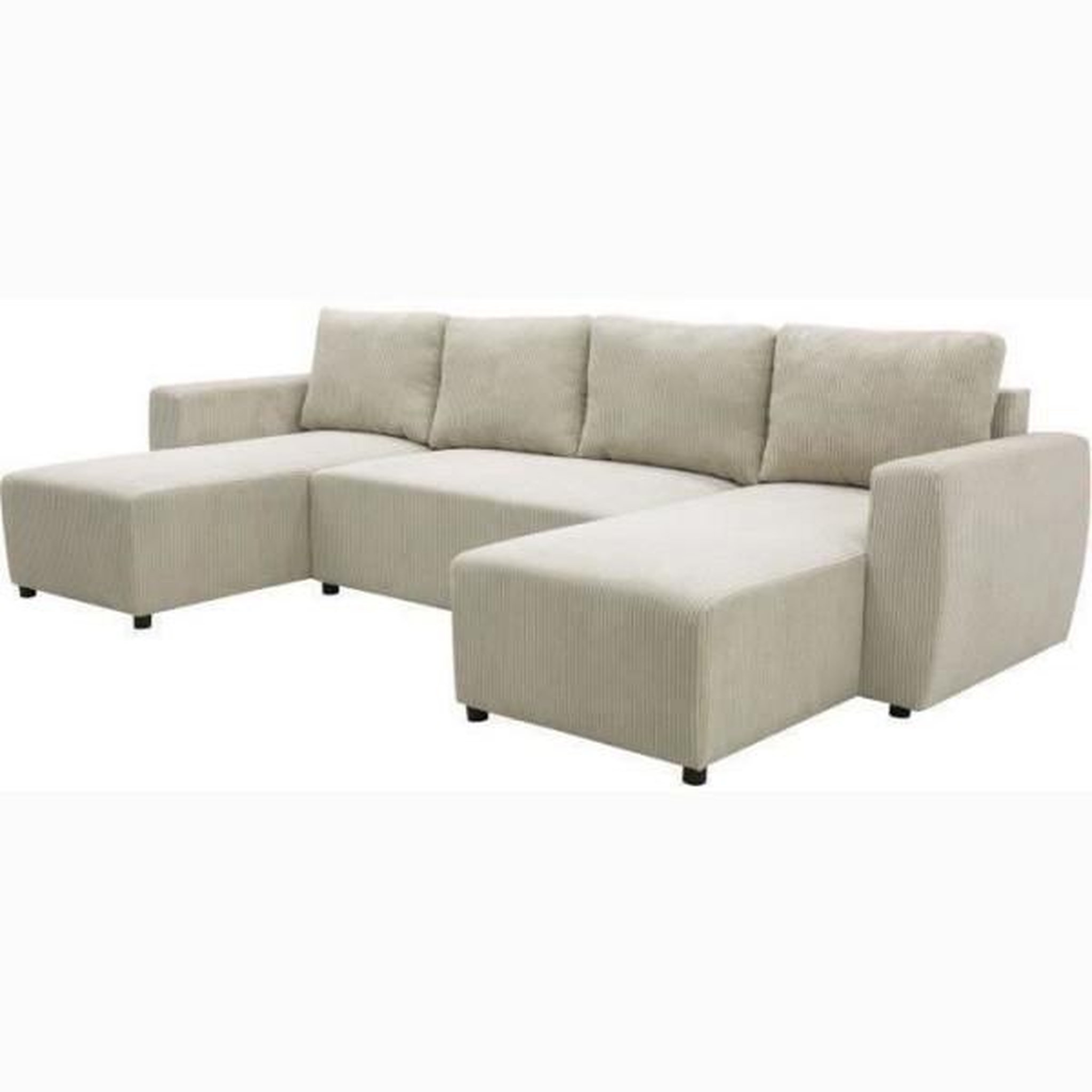 Voir la diapositive 5 : MARKET24 Canapé d'angle convertible panoramique PHARELL 7 places - Velours côtelé beige - Coffre de rangement - L297 x P155 x H85