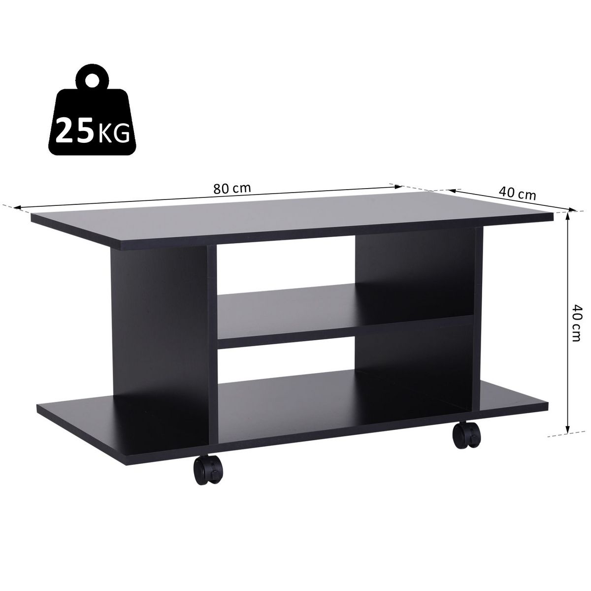 HOMCOM Meuble tv bas table basse a roulettes en panneaux de particules noir