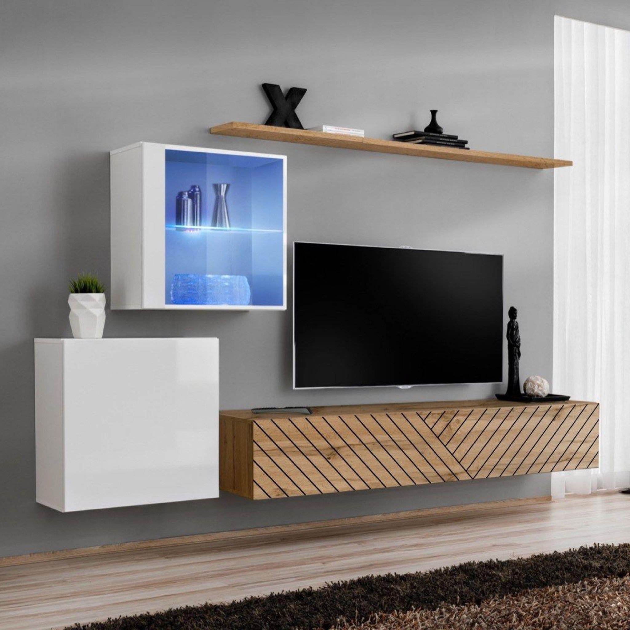 Paris Prix Ensemble meuble tv  switch lamel xv  260cm naturel & blanc