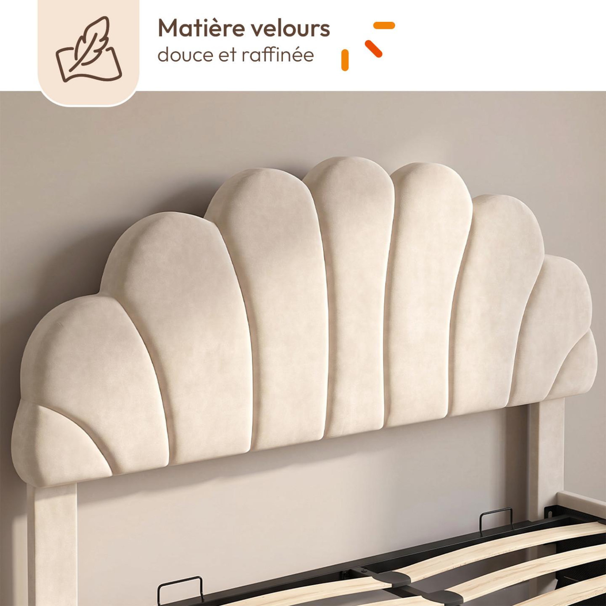 Voir la diapositive 5 : ID MARKET Lit coffre double coquillage AMANDA avec tête de lit et sommier 140 x 190 cm velours beige