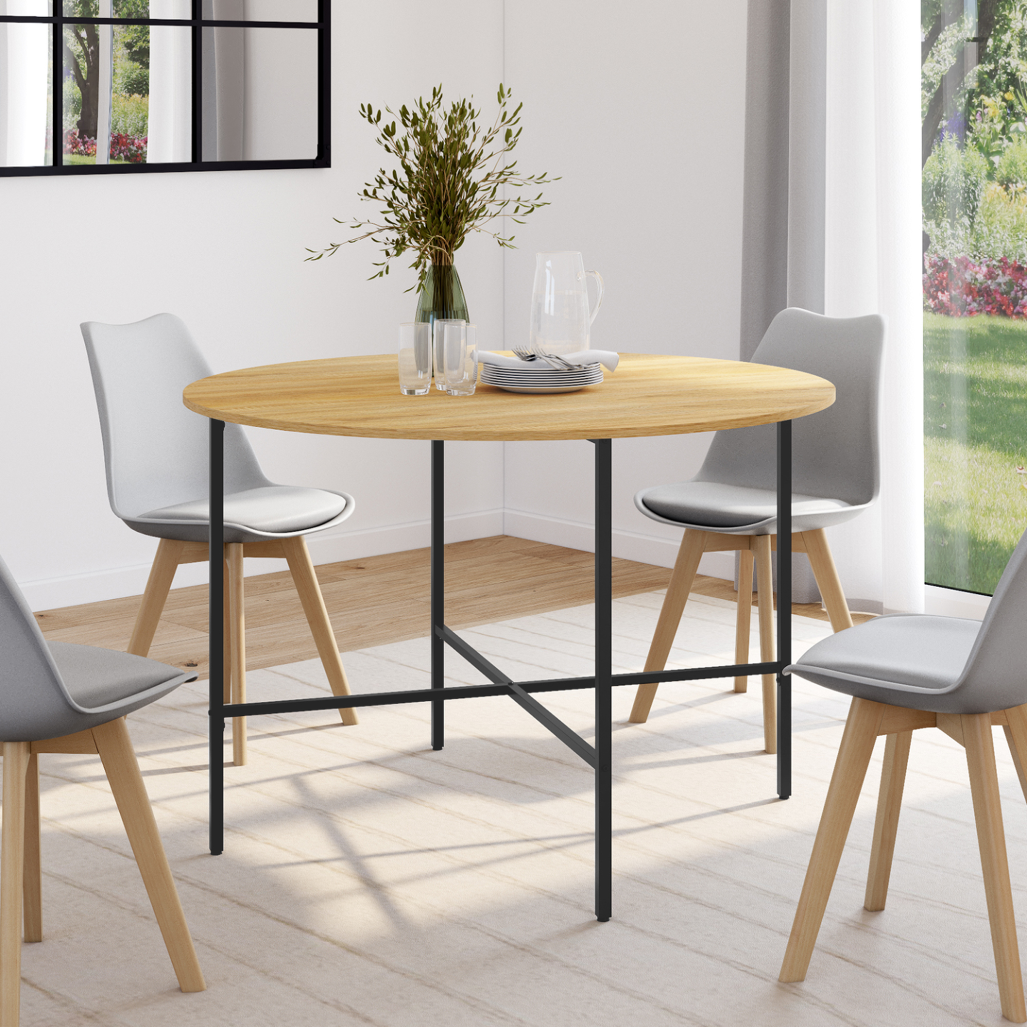 Voir la diapositive 2 : ID MARKET Table à manger fixe ronde detroit 4-6 personnes design industriel 110 cm