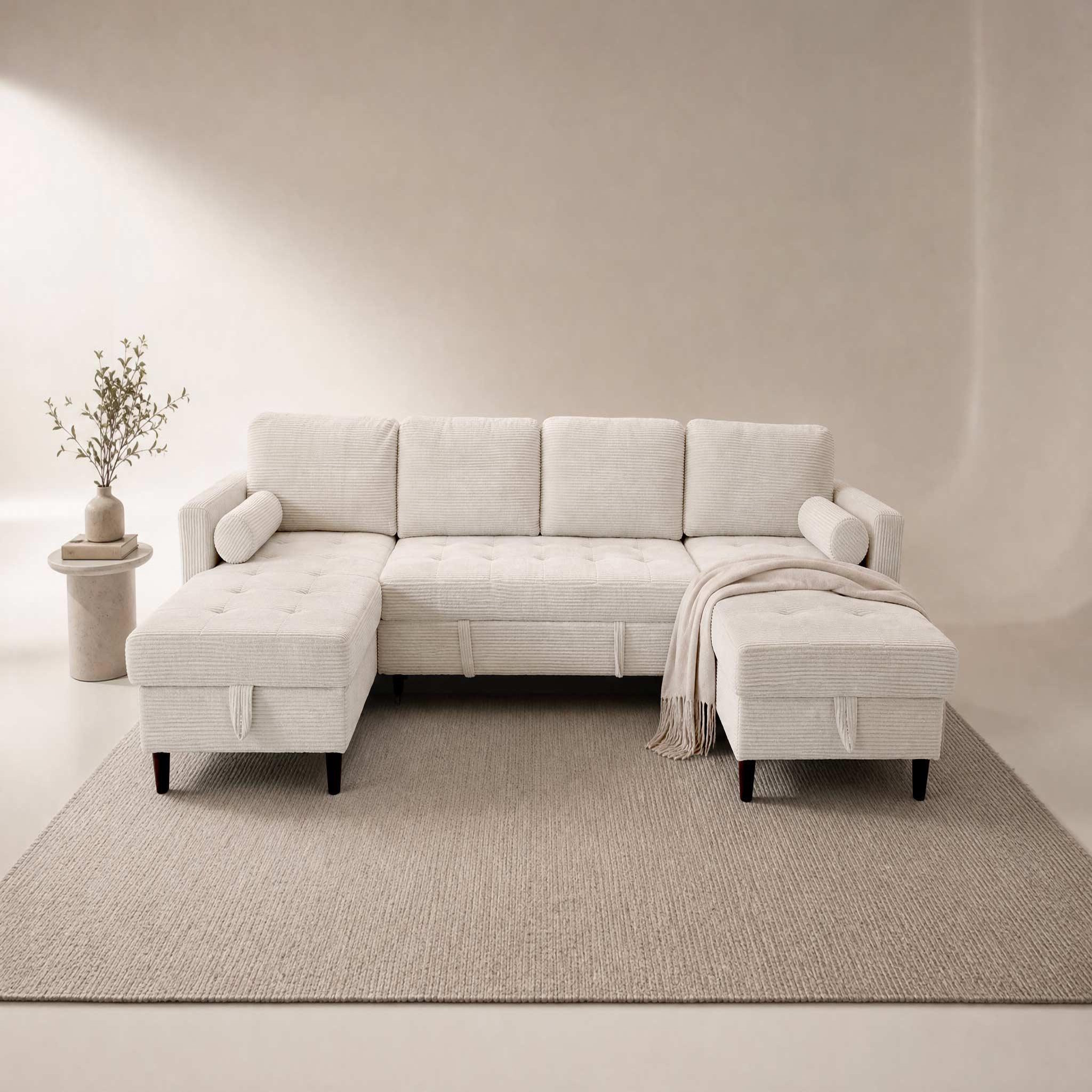 Voir la diapositive 2 : BEST MOBILIER Marceau - canapé panoramique en u 7 places convertible avec 2 coffres en velours côtelé