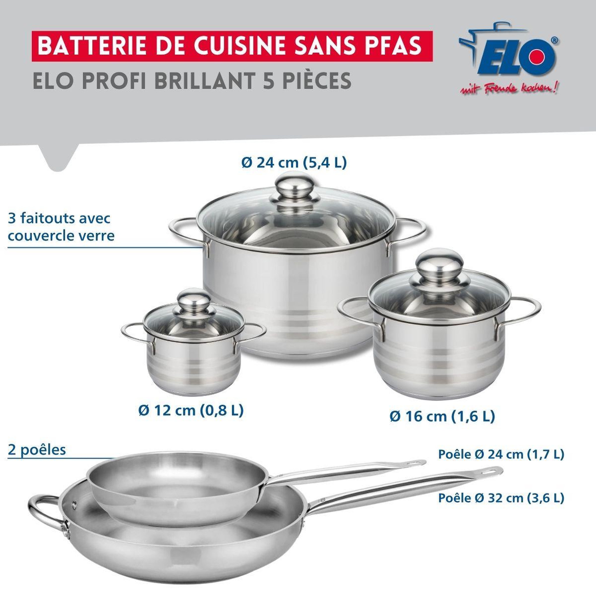 Voir la diapositive 2 : ELO Ensemble de 2 poêles de cuisson 24 et 32 cm et 3 faitouts 12, 16 et 24 cm elo profi brillant