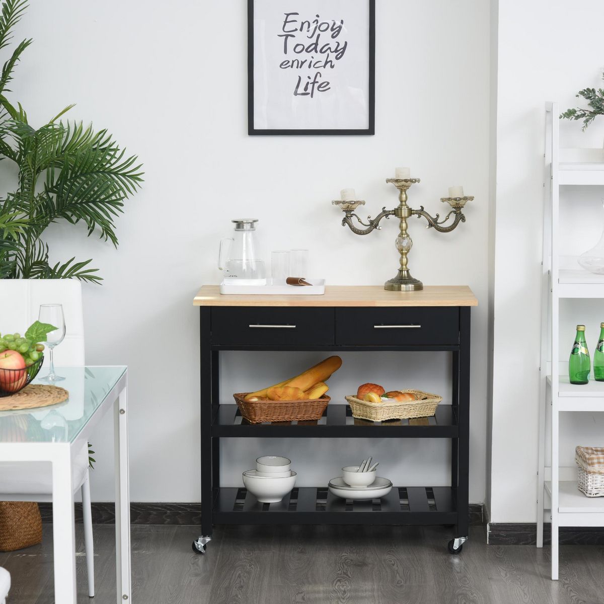 HOMCOM HOMCOM Chariot de service desserte de cuisine à roulettes 2 étagères 2 tiroirs noir bois naturel