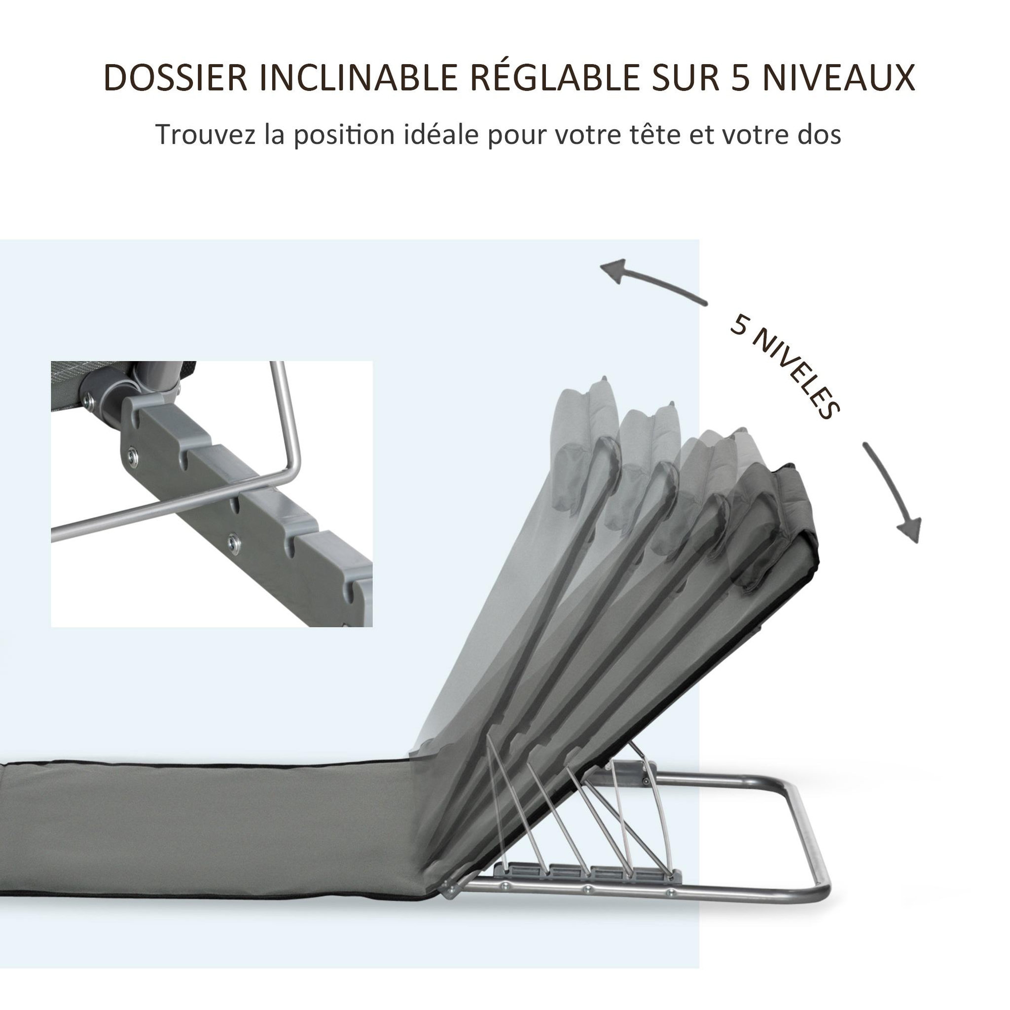 Voir la diapositive 4 : OUTSUNNY Lot de 2 tapis de plage rembourrés - dossier inclinable 5 positions - sac transport inclus - acier polyester gris