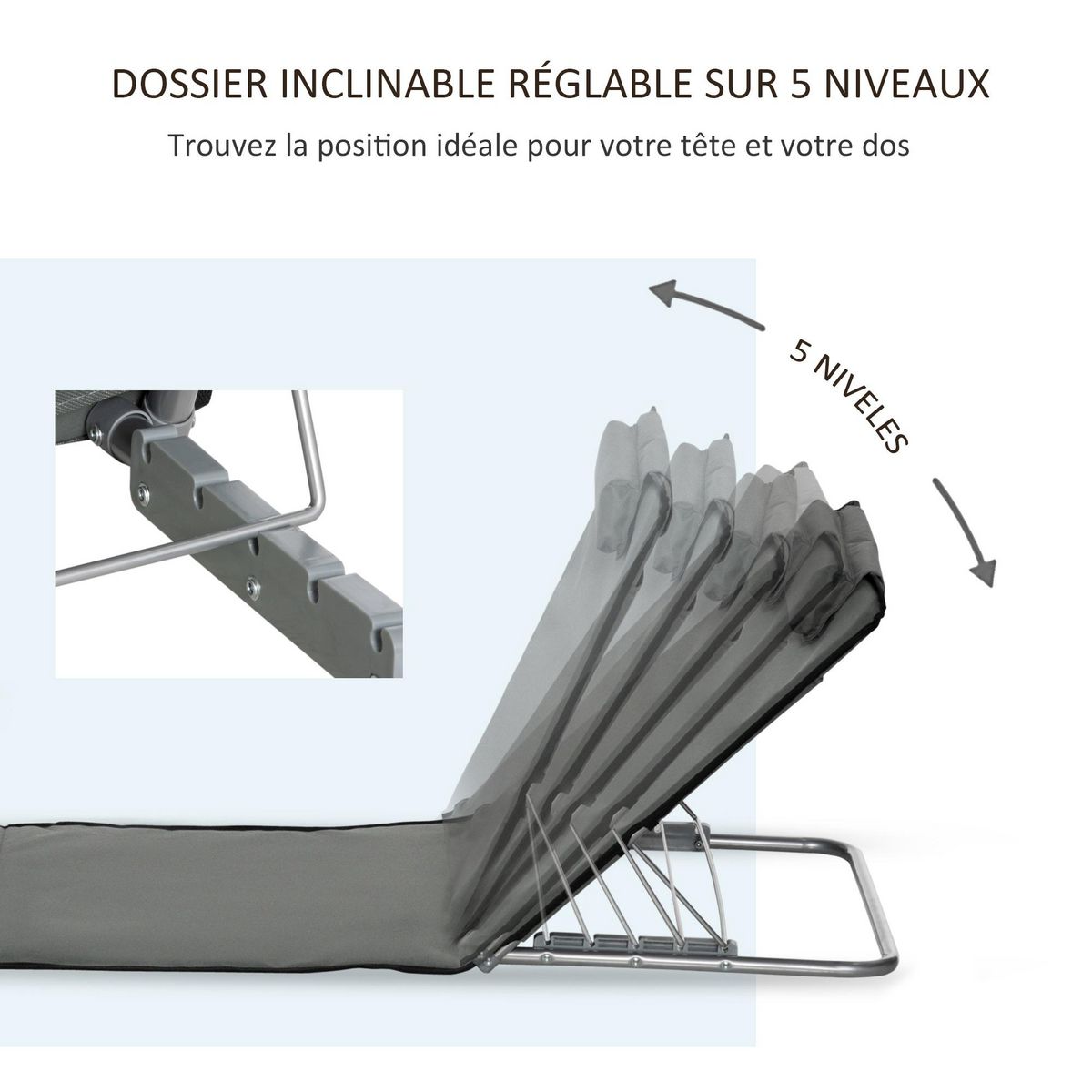 OUTSUNNY Lot de 2 tapis de plage rembourrés - dossier inclinable 5 positions - sac transport inclus - acier polyester gris