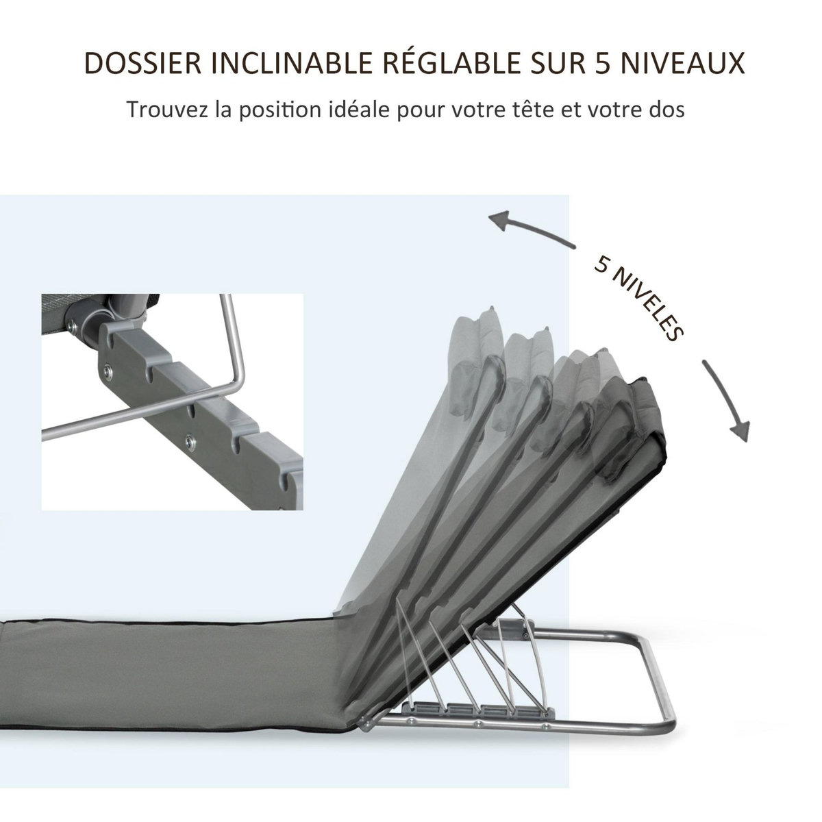 OUTSUNNY Lot de 2 tapis de plage rembourrés - dossier inclinable 5 positions - sac transport inclus - acier polyester gris