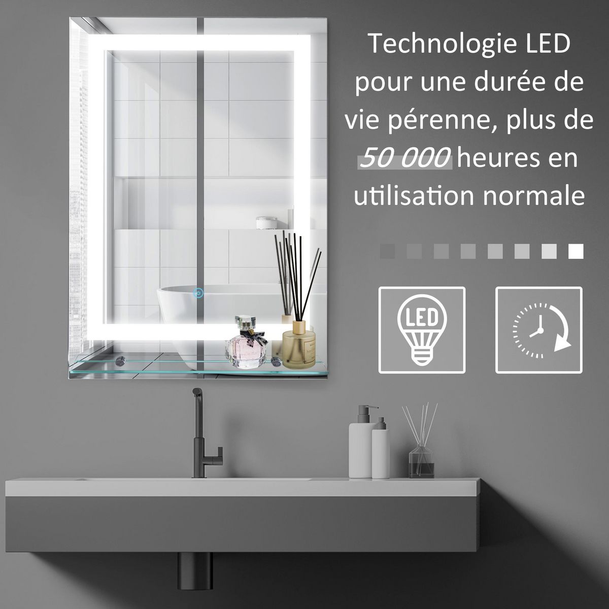 HOMCOM Miroir lumineux LED 22 W interrupteur tactile étagère intégrée 50L x 4l x 70H cm