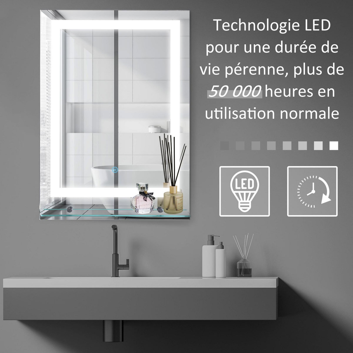 HOMCOM Miroir lumineux LED 22 W interrupteur tactile étagère intégrée 50L x 4l x 70H cm