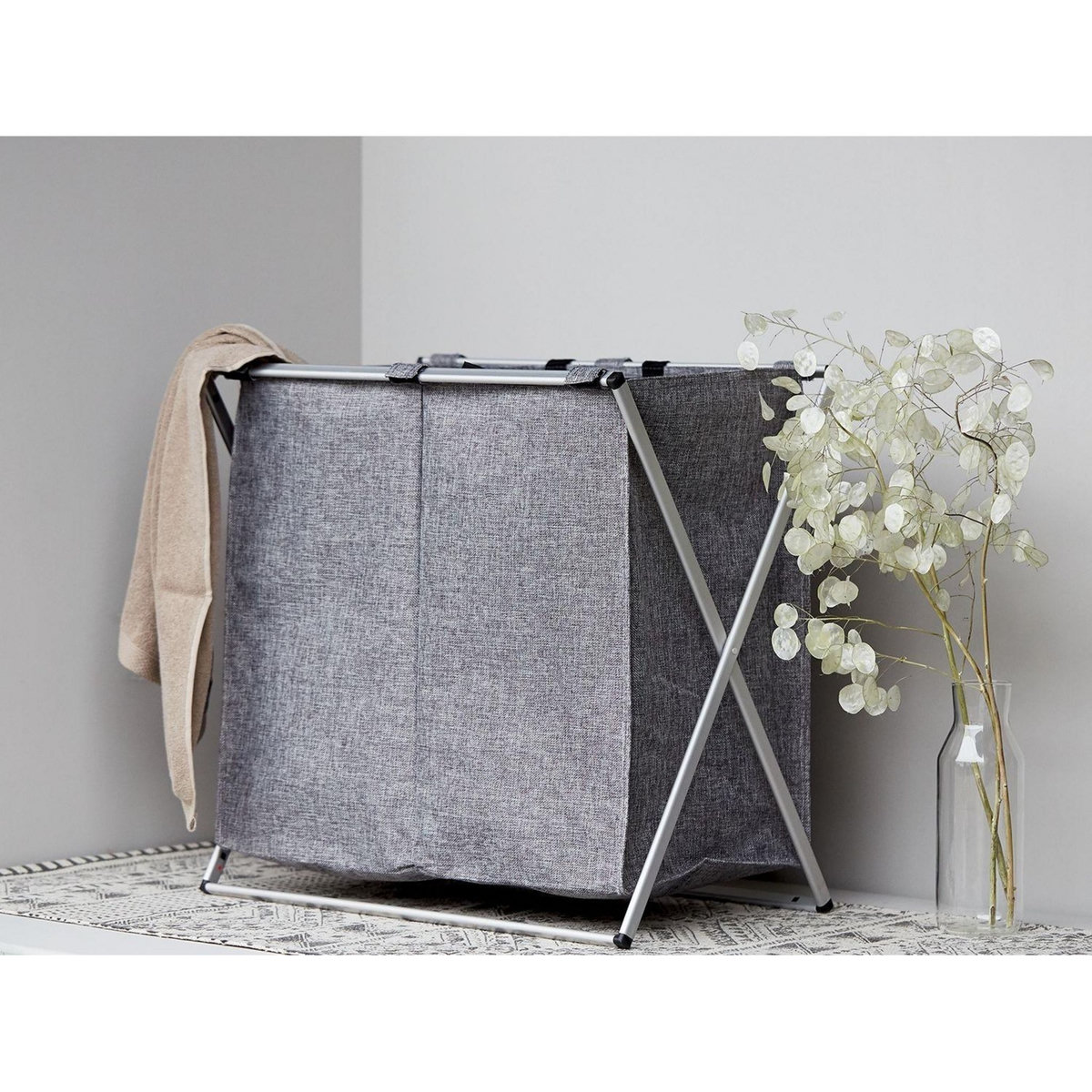 Wenko Panier à linge 2 compartiments design Duo - L. 59 x H. 57 cm - Gris chiné
