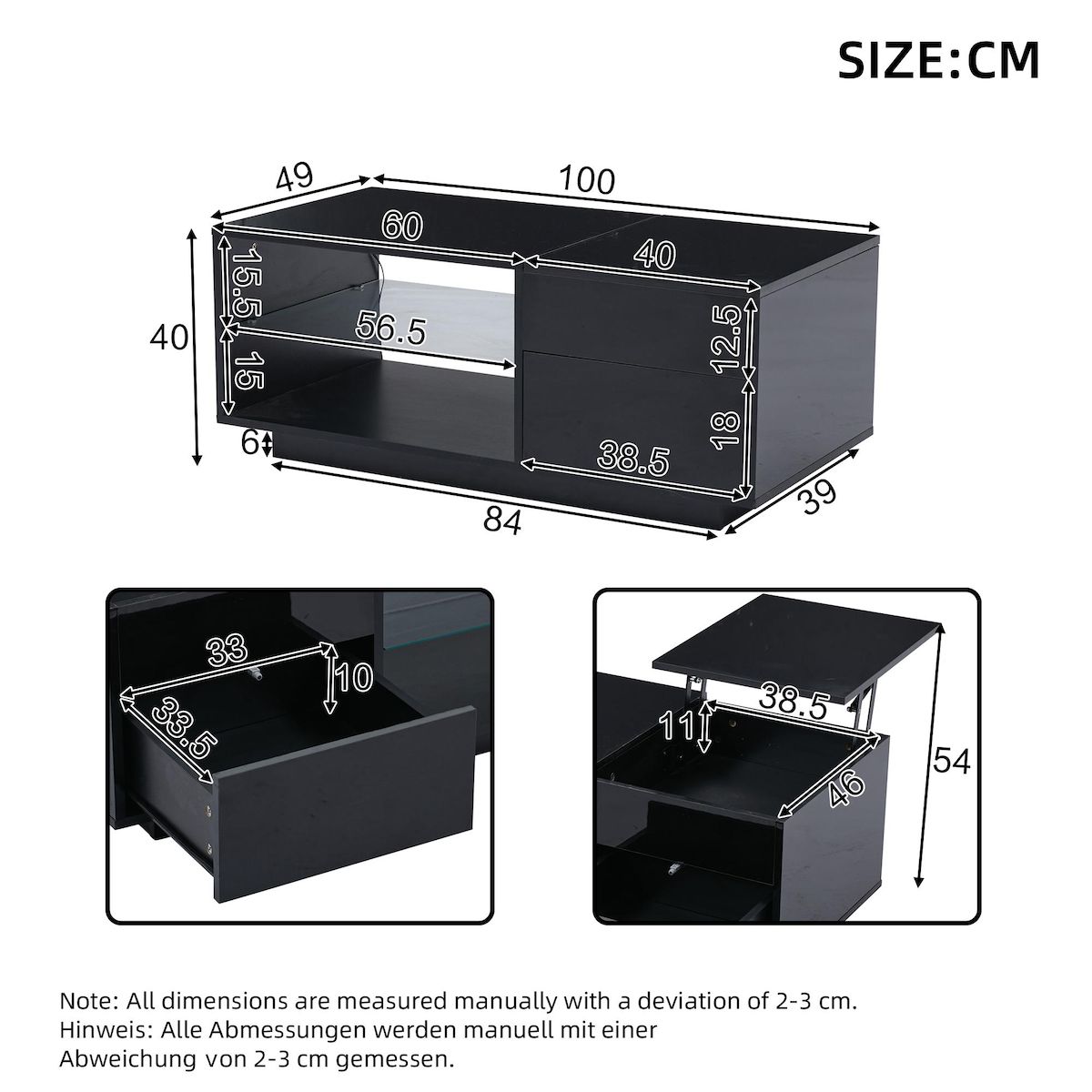 MERAX Table basse relevable rectangulaire noir - 49x100 cm led panneau de particules