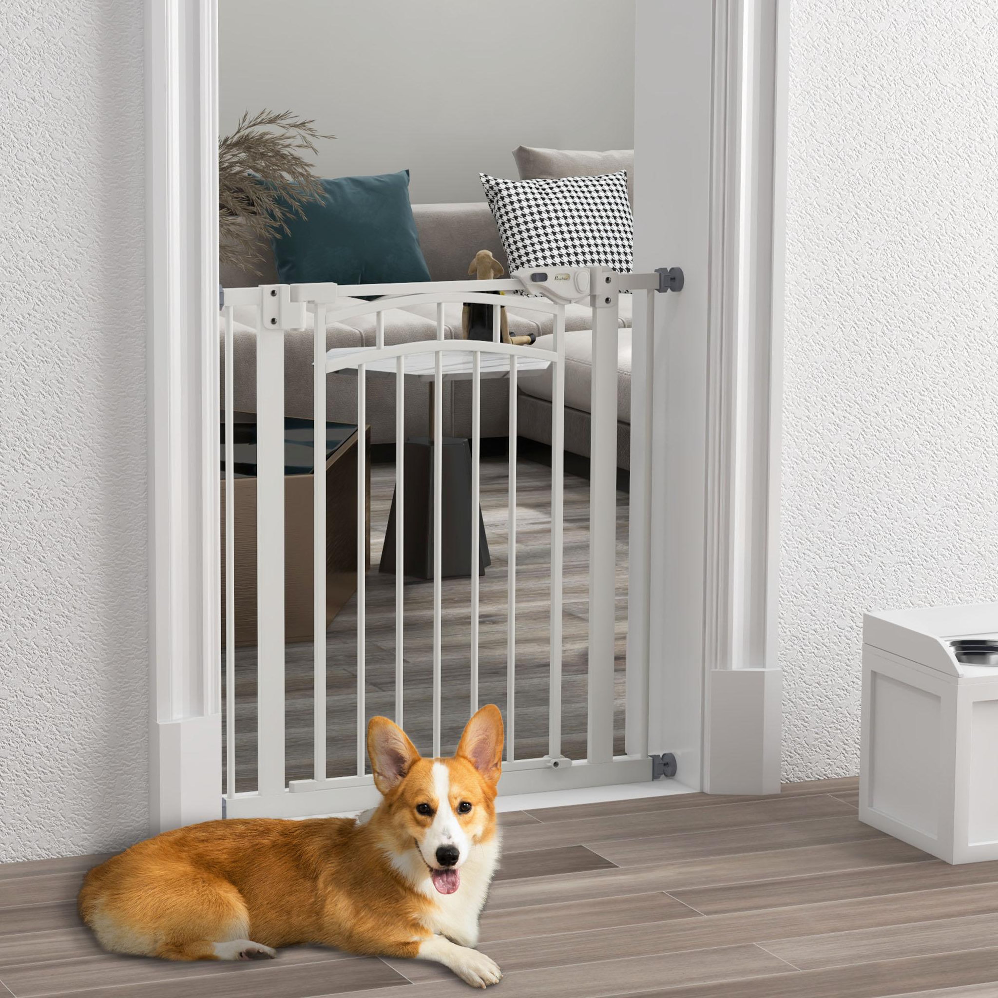 Voir la diapositive 2 : PAWHUT Barrière de sécurité pour chien - barrière à pression extensible - double système de verrouillage - acier blanc
