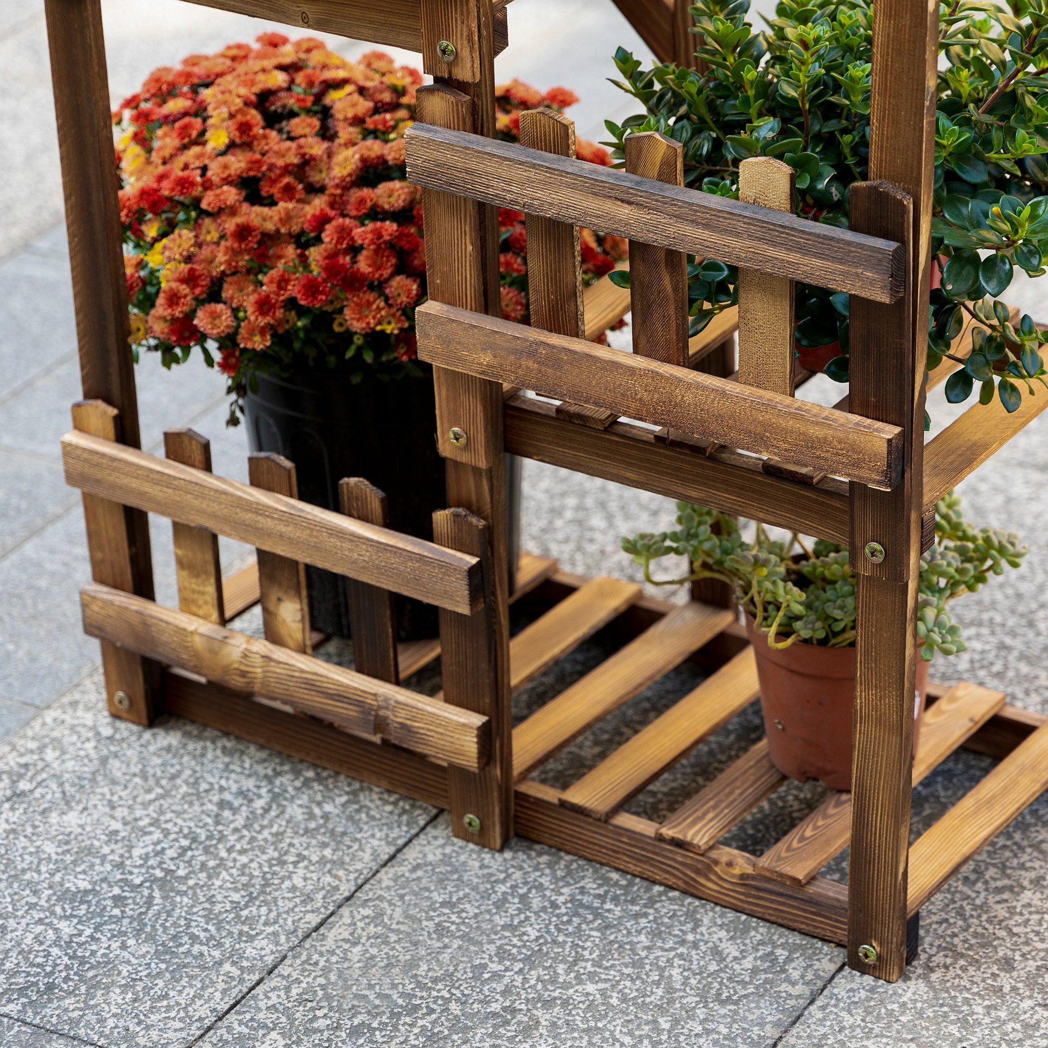 Voir la diapositive 6 : OUTSUNNY Étagère à fleurs en bois - porte plante bois 5 tablettes ornement petites barrières - dim. 60L x 30l x 130H cm - bois de sapin traité carbonisation