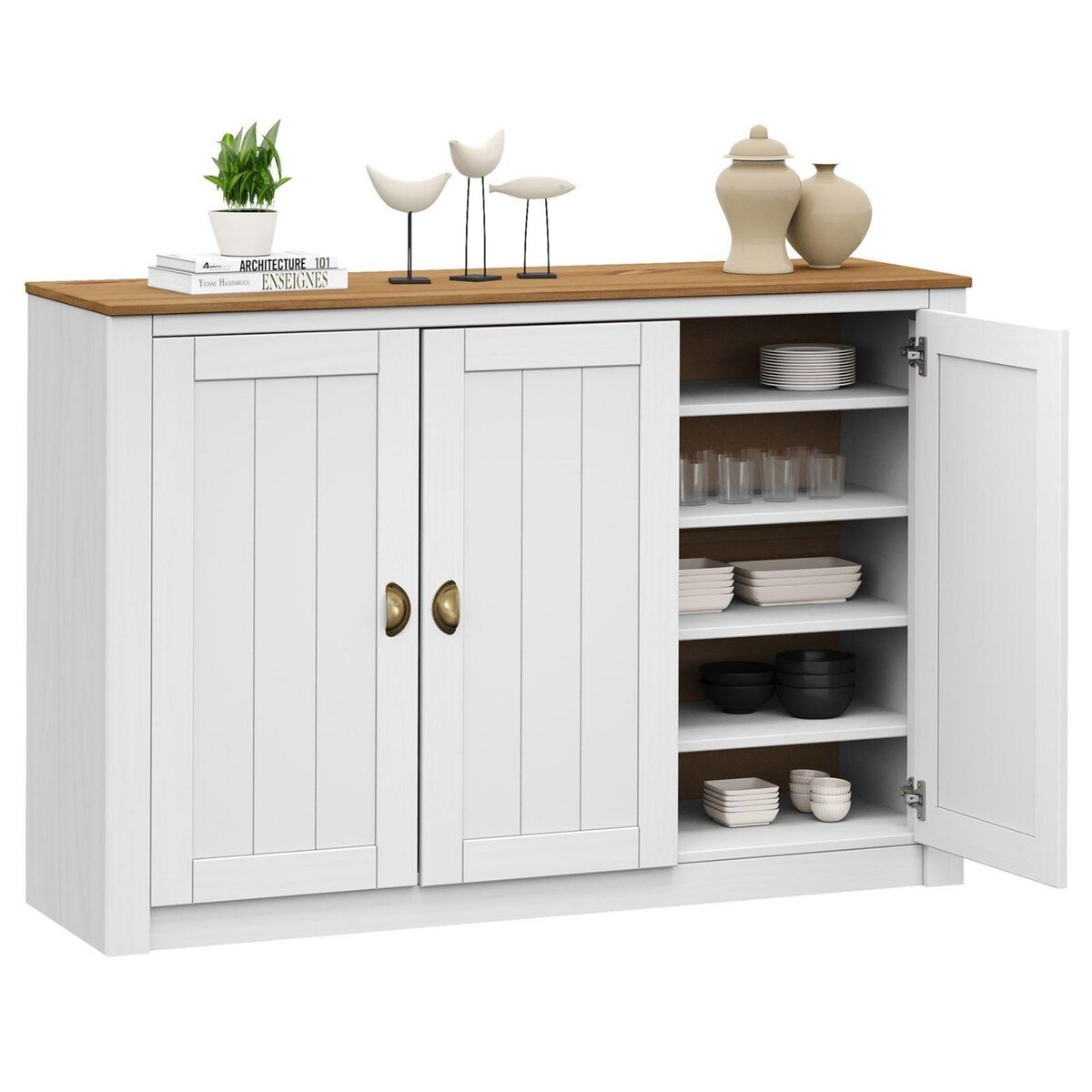 IDIMEX Buffet BOLTON 3 portes avec 5 étagères, en pin massif