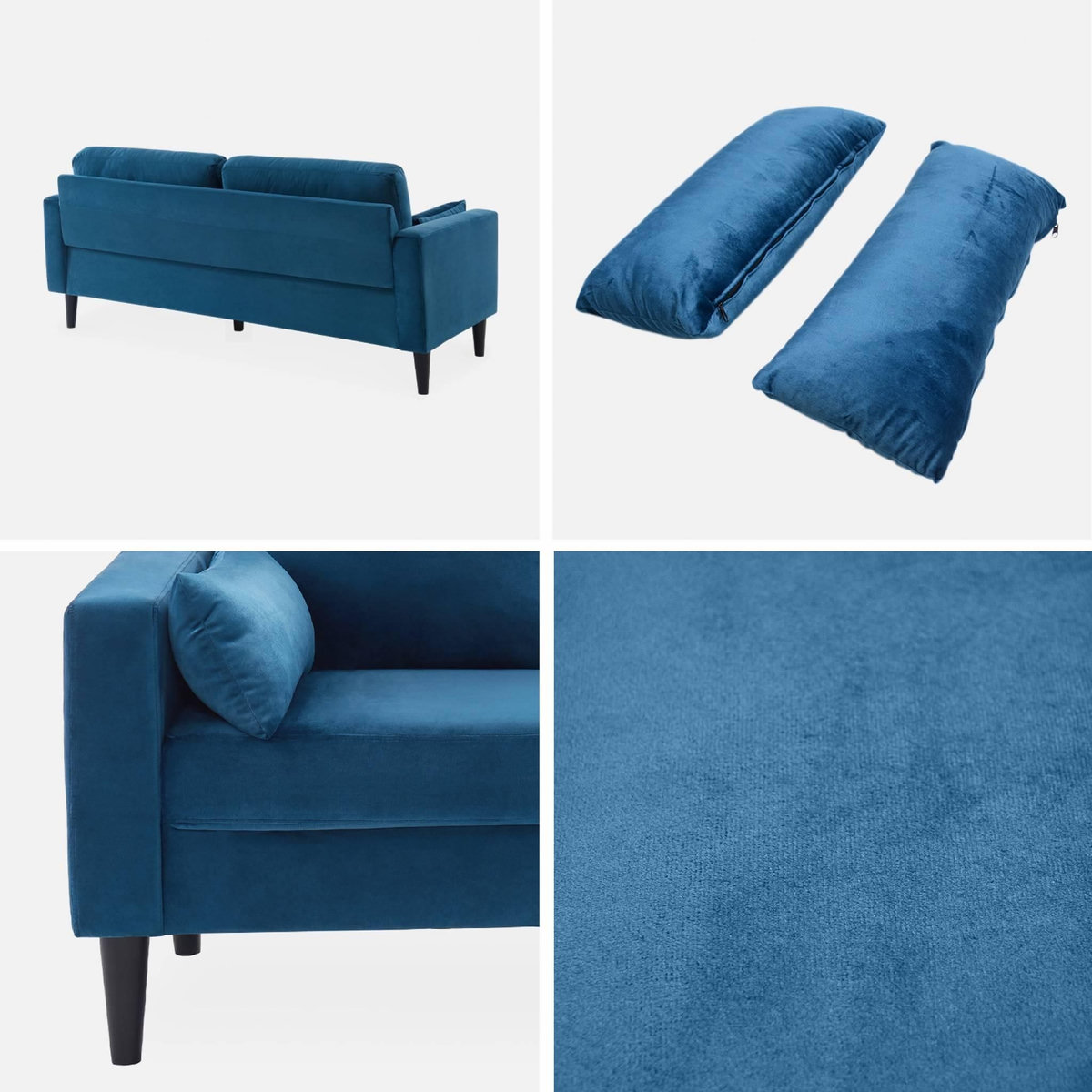SWEEEK Canapé en velours bleu - Bjorn - Canapé 3 places fixe droit pieds bois. style scandinave